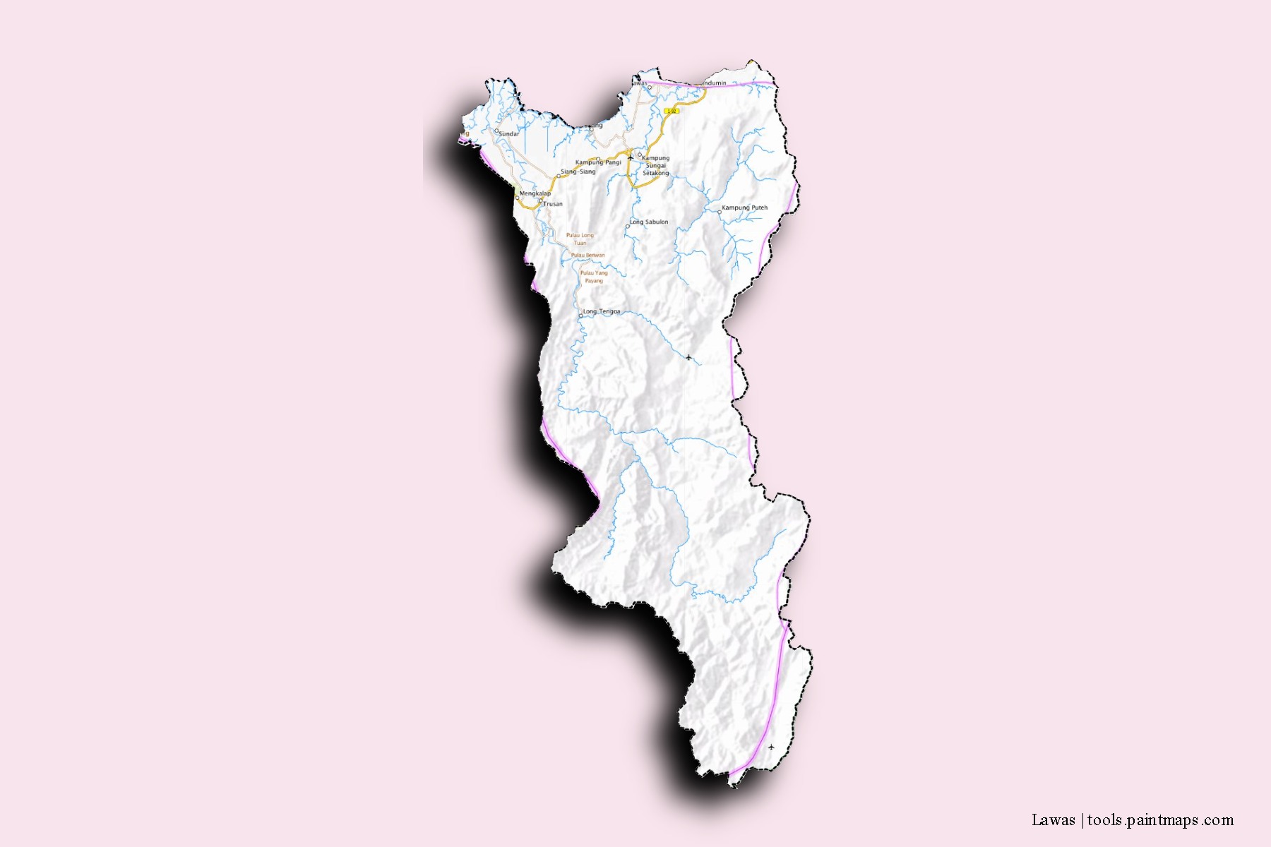 Mapa de barrios y pueblos de Lawas con efecto de sombra 3D