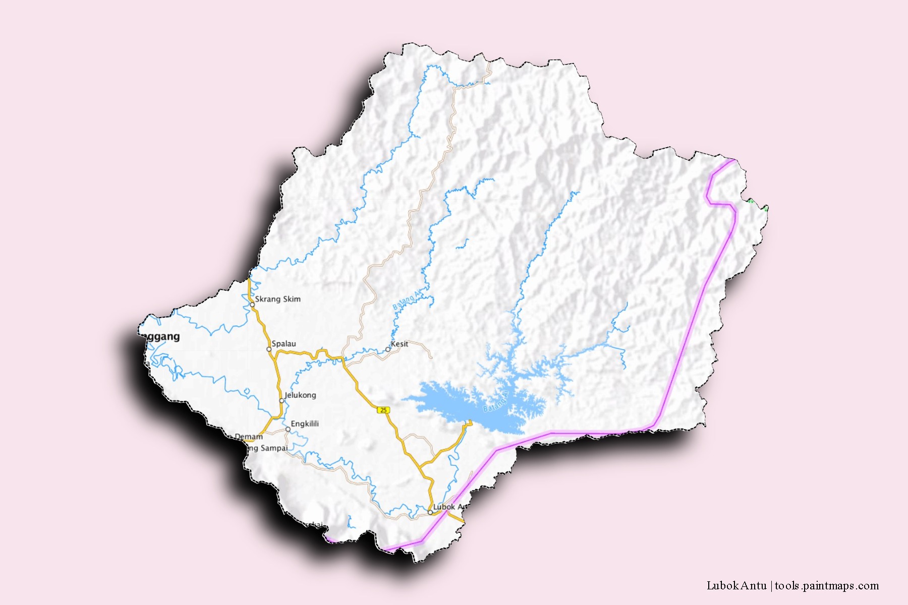 Mapa de barrios y pueblos de Lubok Antu con efecto de sombra 3D