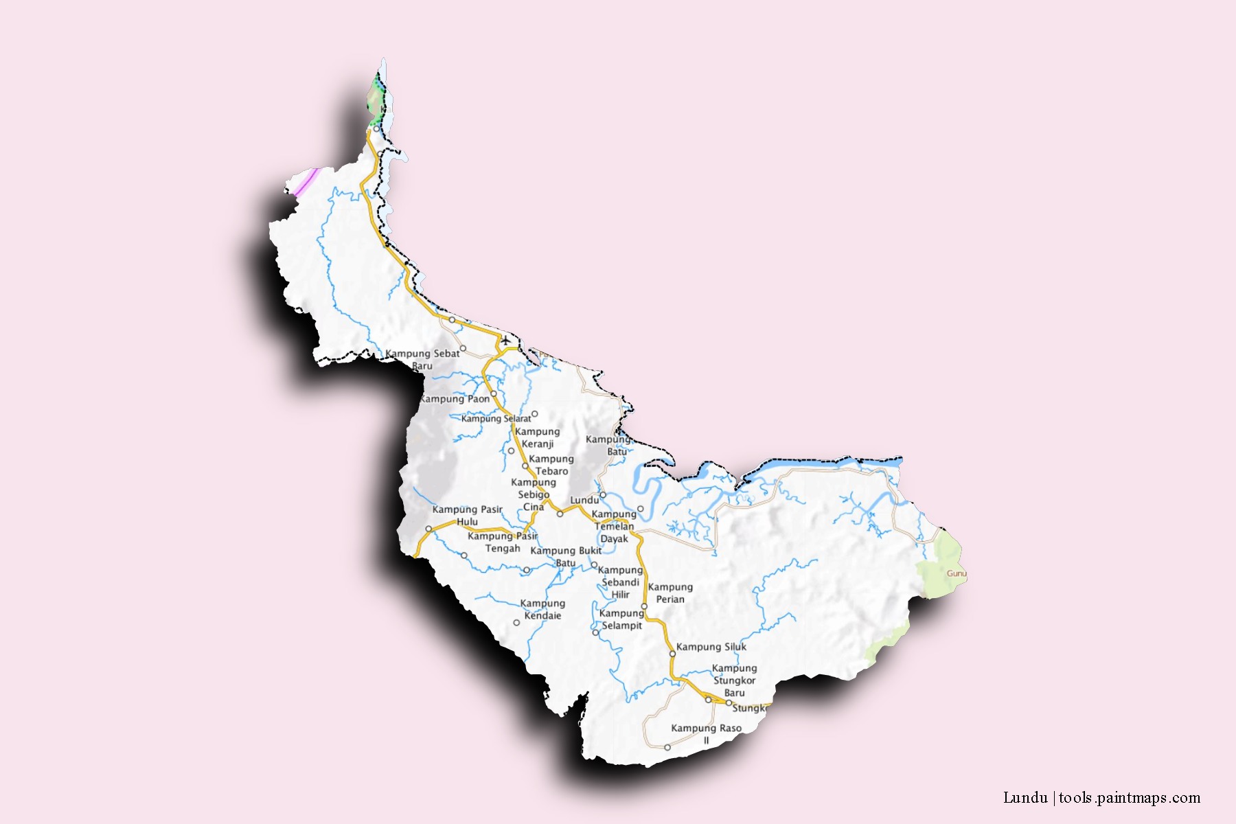 Mapa de barrios y pueblos de Lundu con efecto de sombra 3D