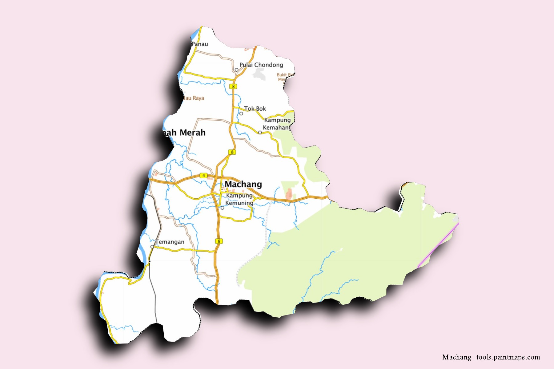 Mapa de barrios y pueblos de Machang con efecto de sombra 3D