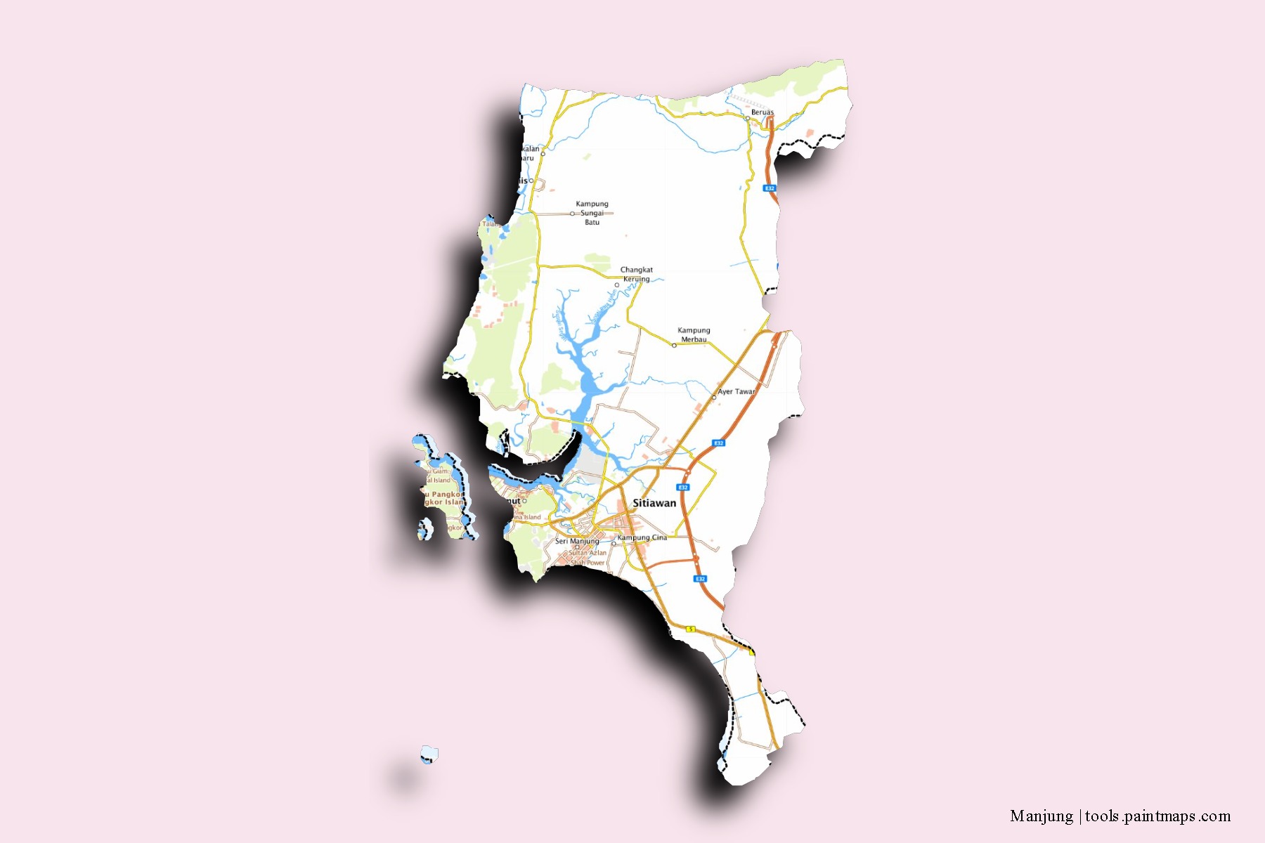 Manjung neighborhoods and villages map with 3D shadow effect