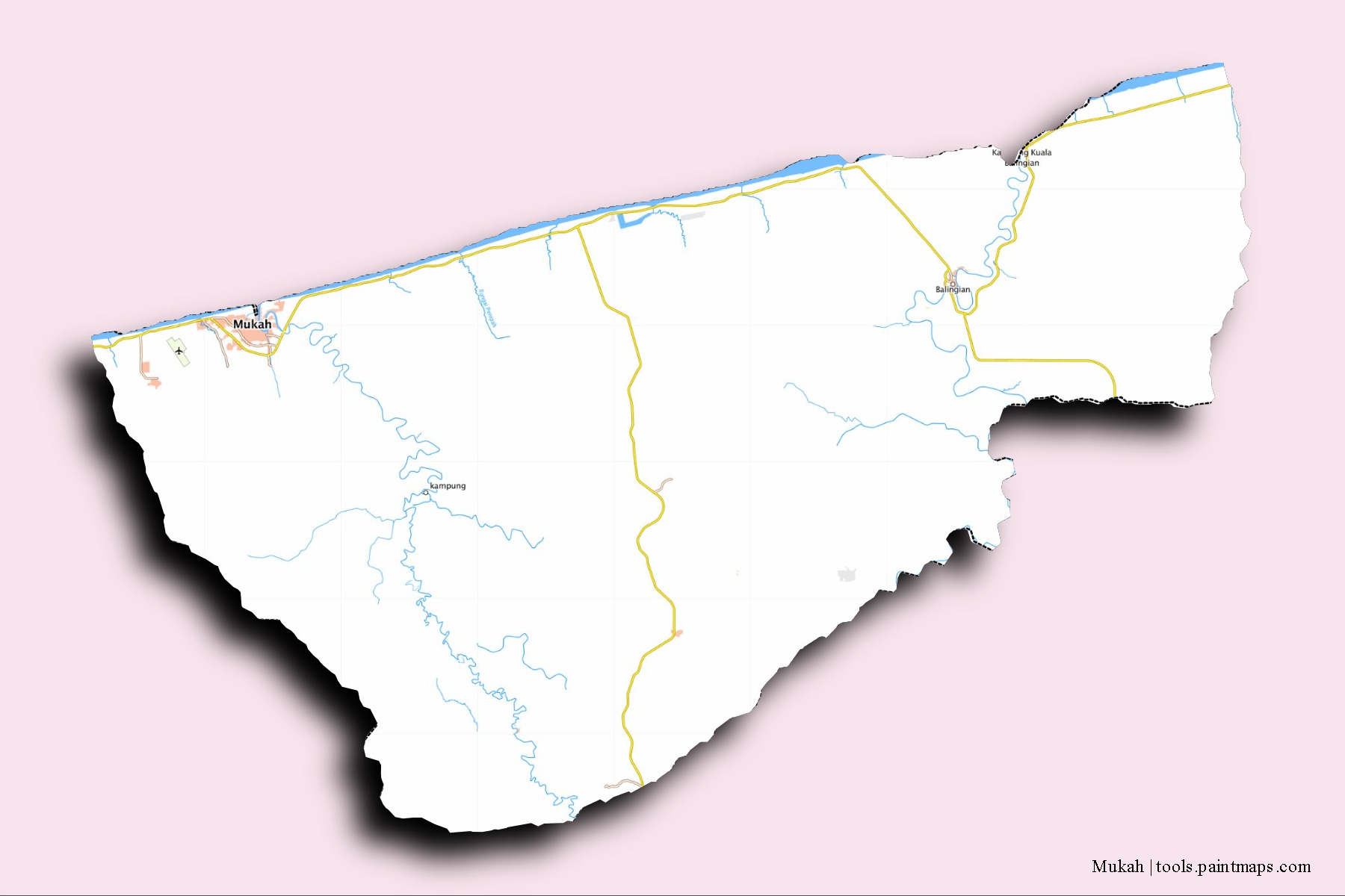 Mapa de barrios y pueblos de Mukah con efecto de sombra 3D