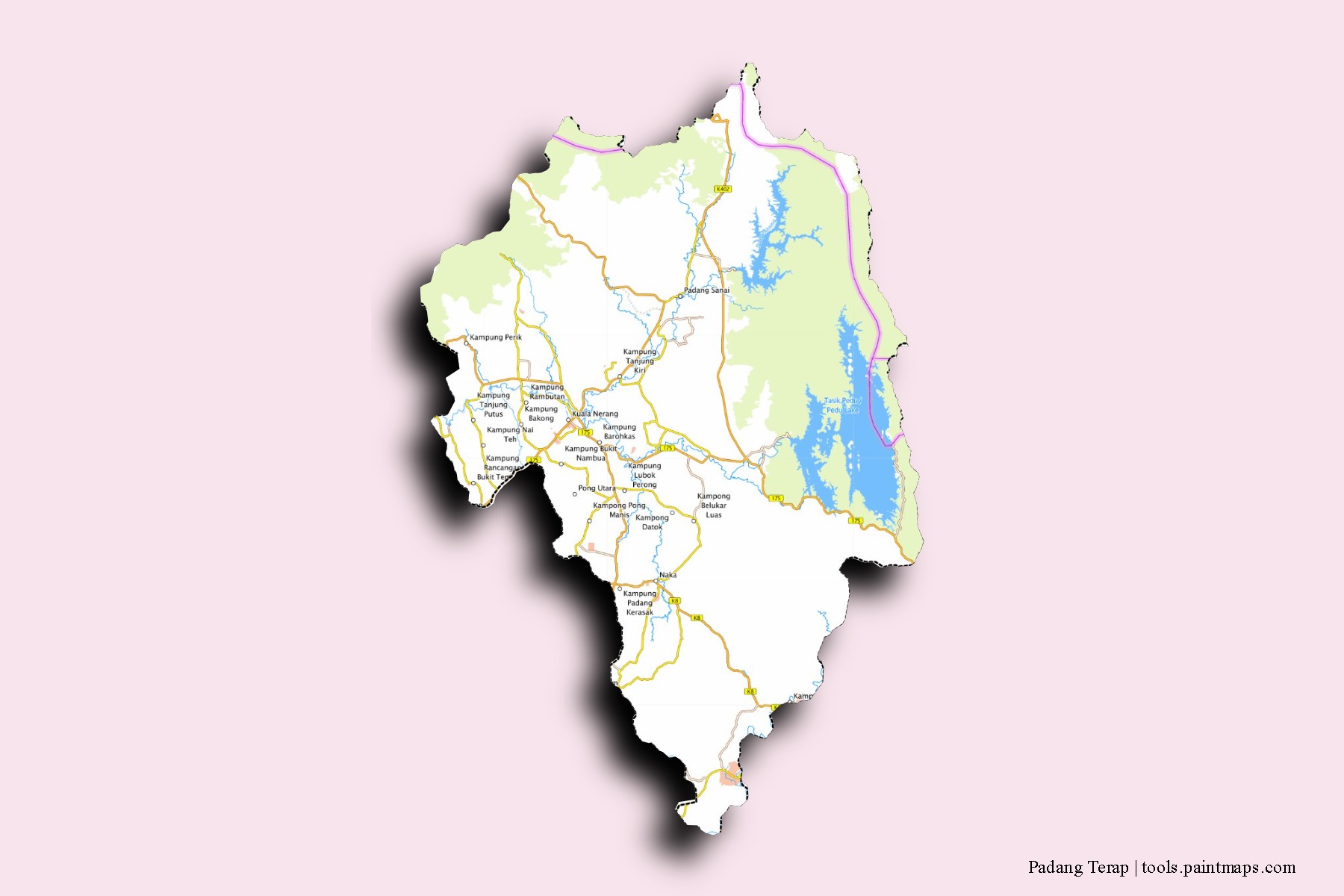 Mapa de barrios y pueblos de Padang Terap con efecto de sombra 3D