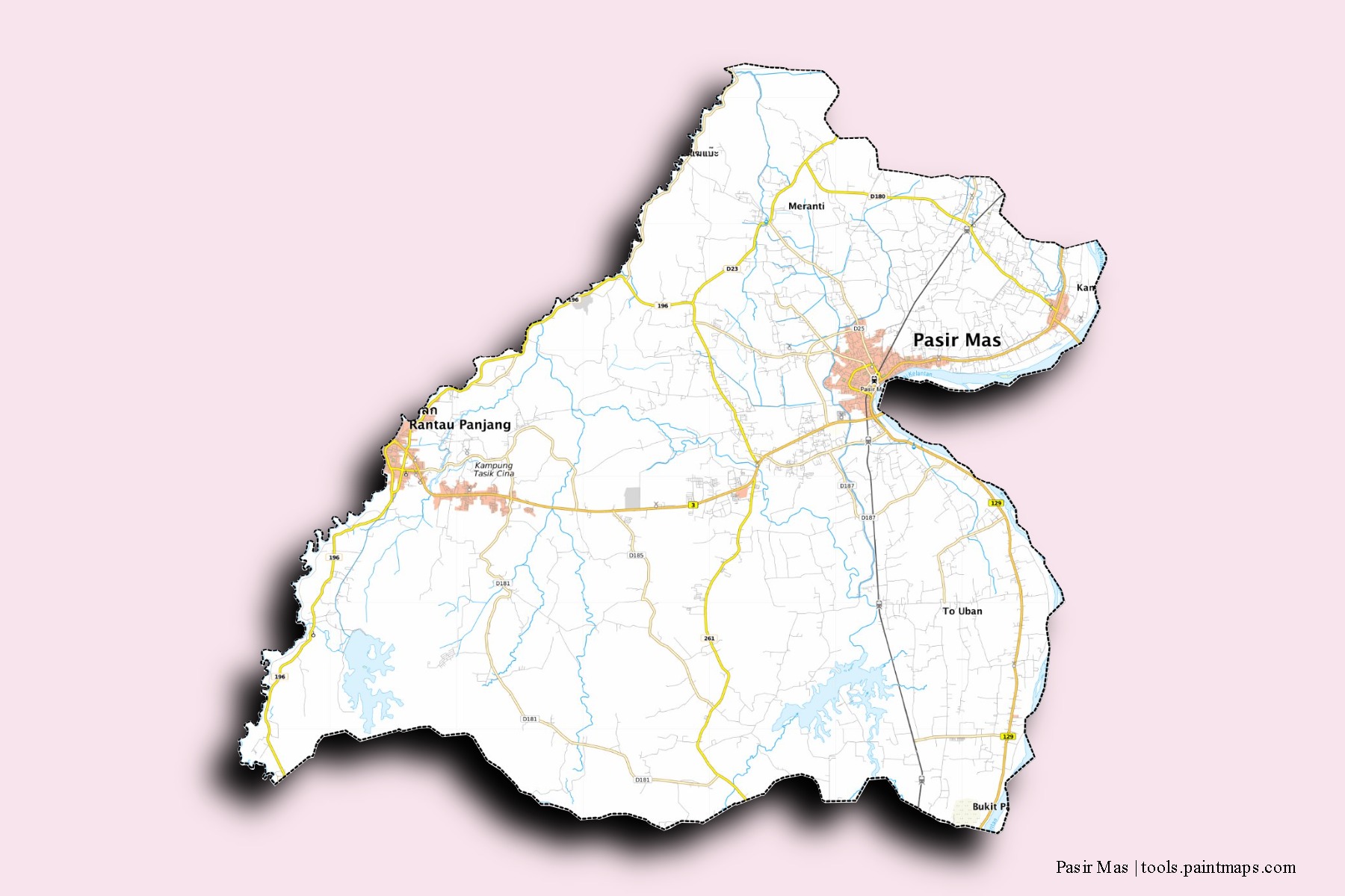 Mapa de barrios y pueblos de Pasir Mas con efecto de sombra 3D