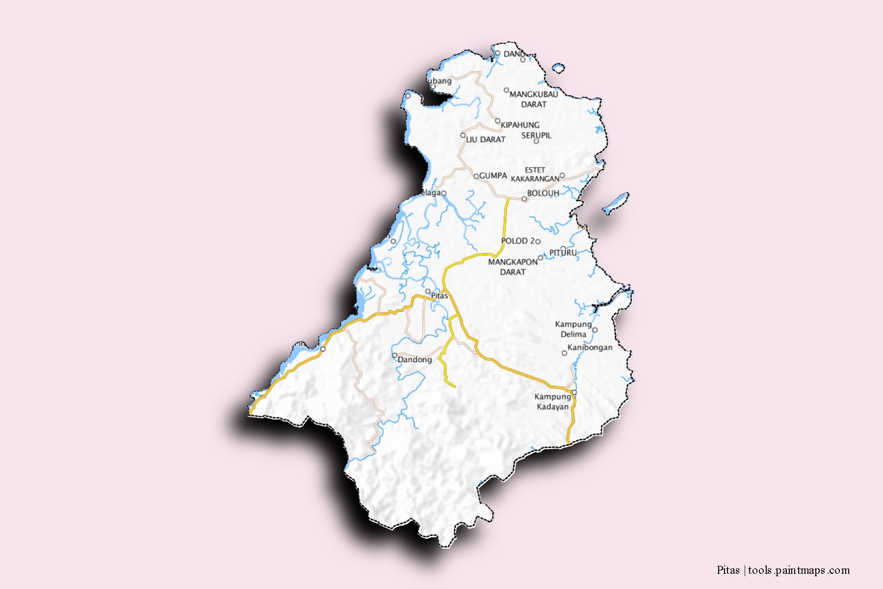 Mapa de barrios y pueblos de Pitas con efecto de sombra 3D