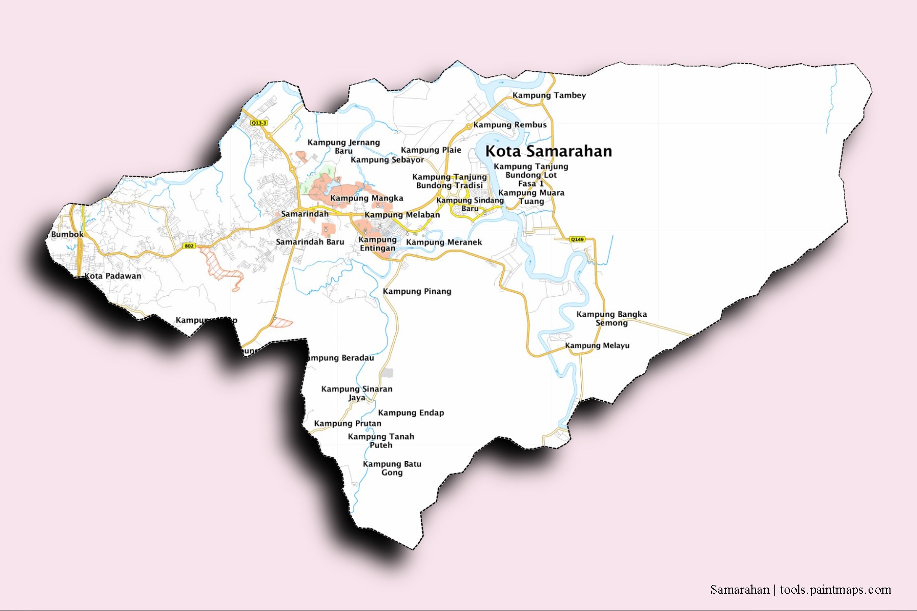 Samarahan neighborhoods and villages map with 3D shadow effect