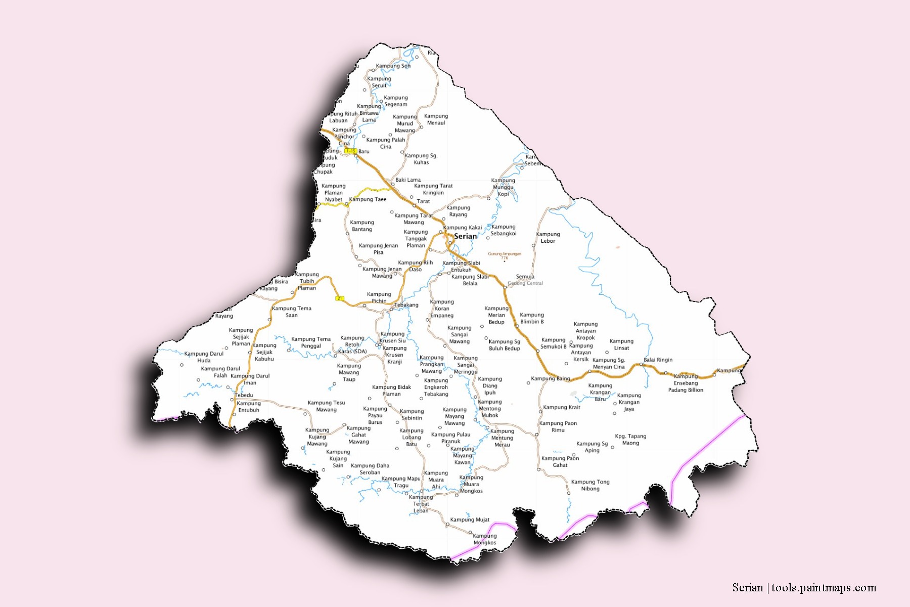 Mapa de barrios y pueblos de Serian con efecto de sombra 3D