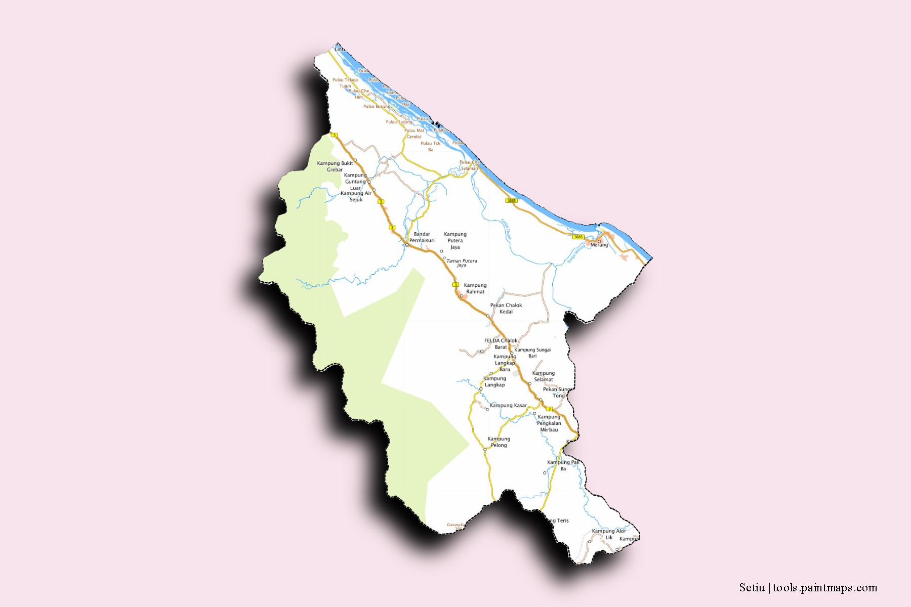 Mapa de barrios y pueblos de Setiu con efecto de sombra 3D