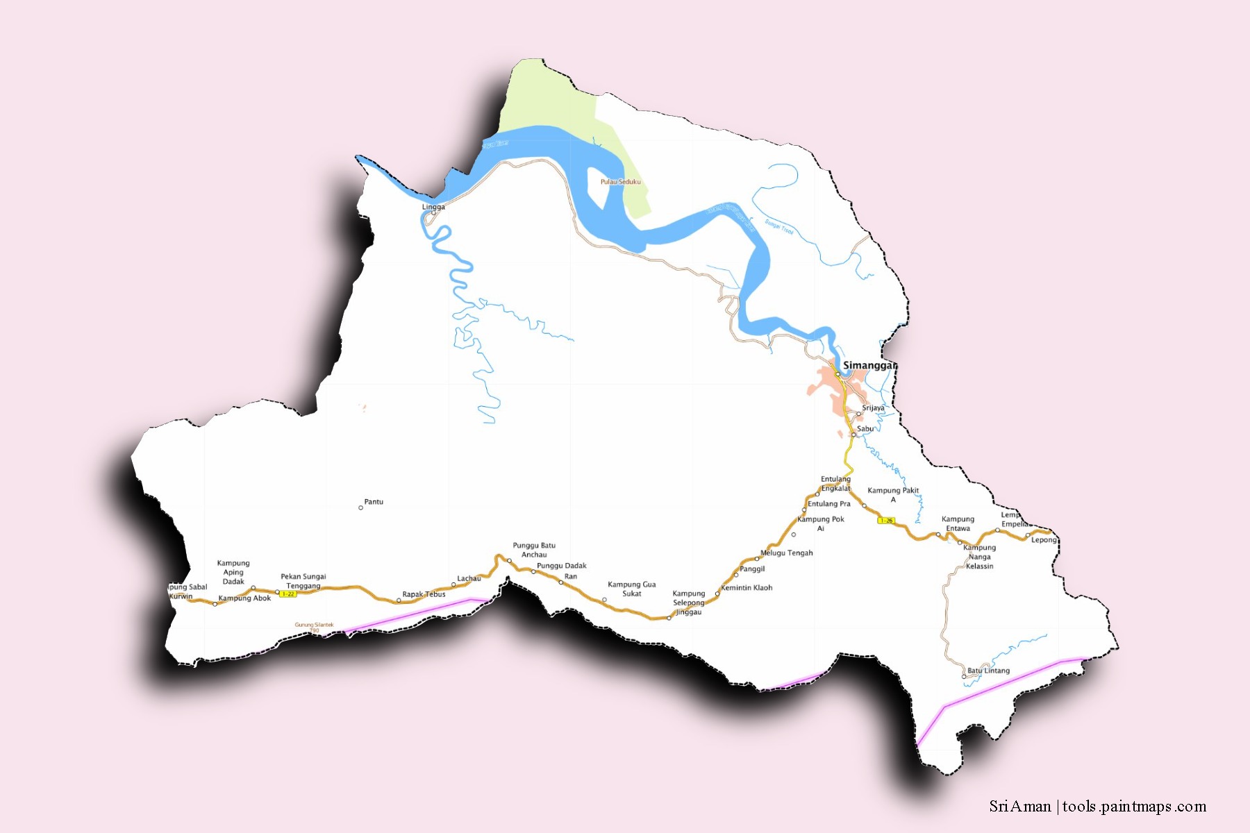 Mapa de barrios y pueblos de Sri Aman con efecto de sombra 3D