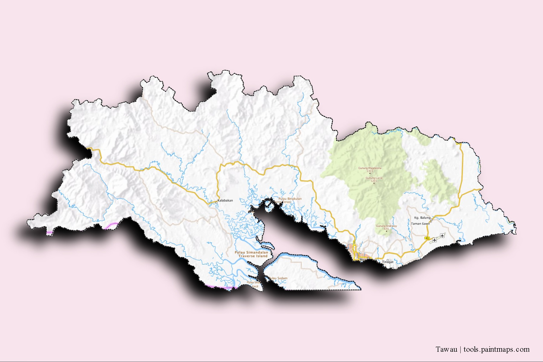 3D gölge efektli Tawau mahalleleri ve köyleri haritası