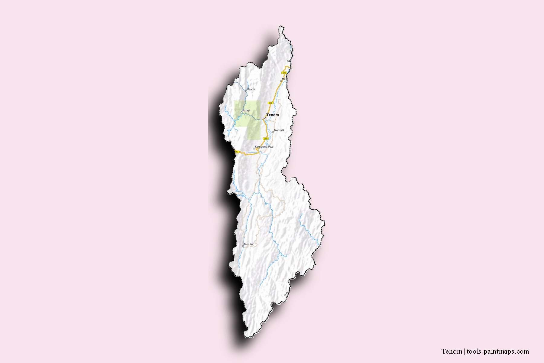 Tenom neighborhoods and villages map with 3D shadow effect