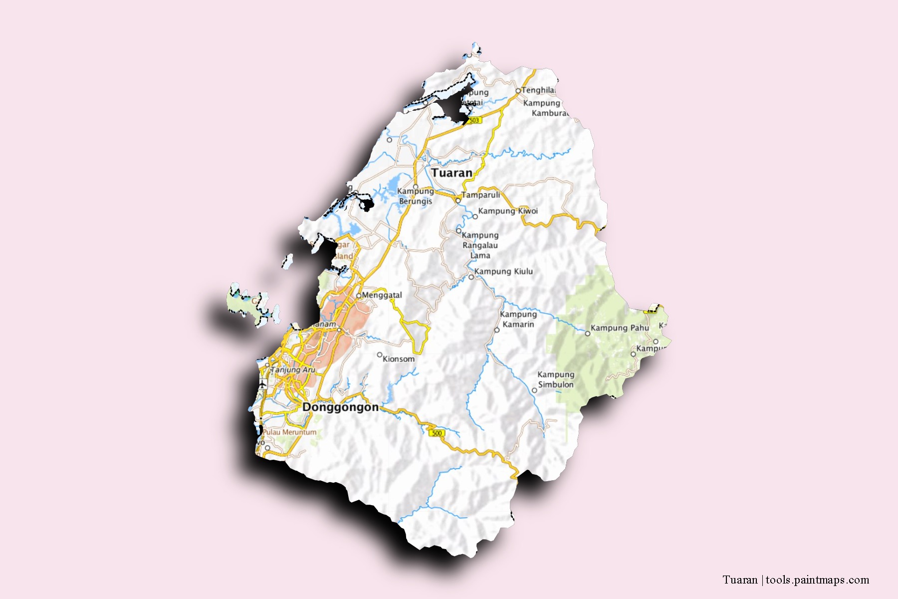 Mapa de barrios y pueblos de Tuaran con efecto de sombra 3D