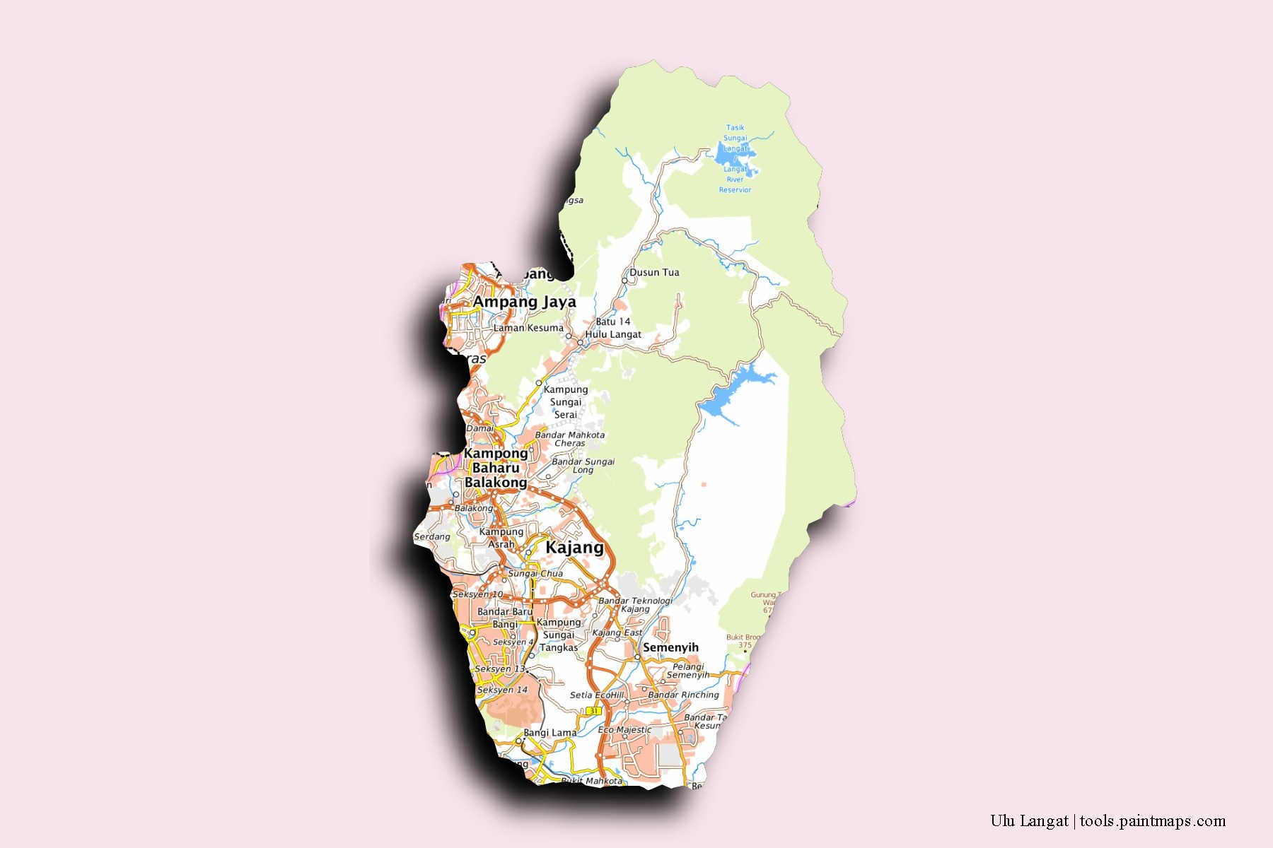 Ulu Langat neighborhoods and villages map with 3D shadow effect