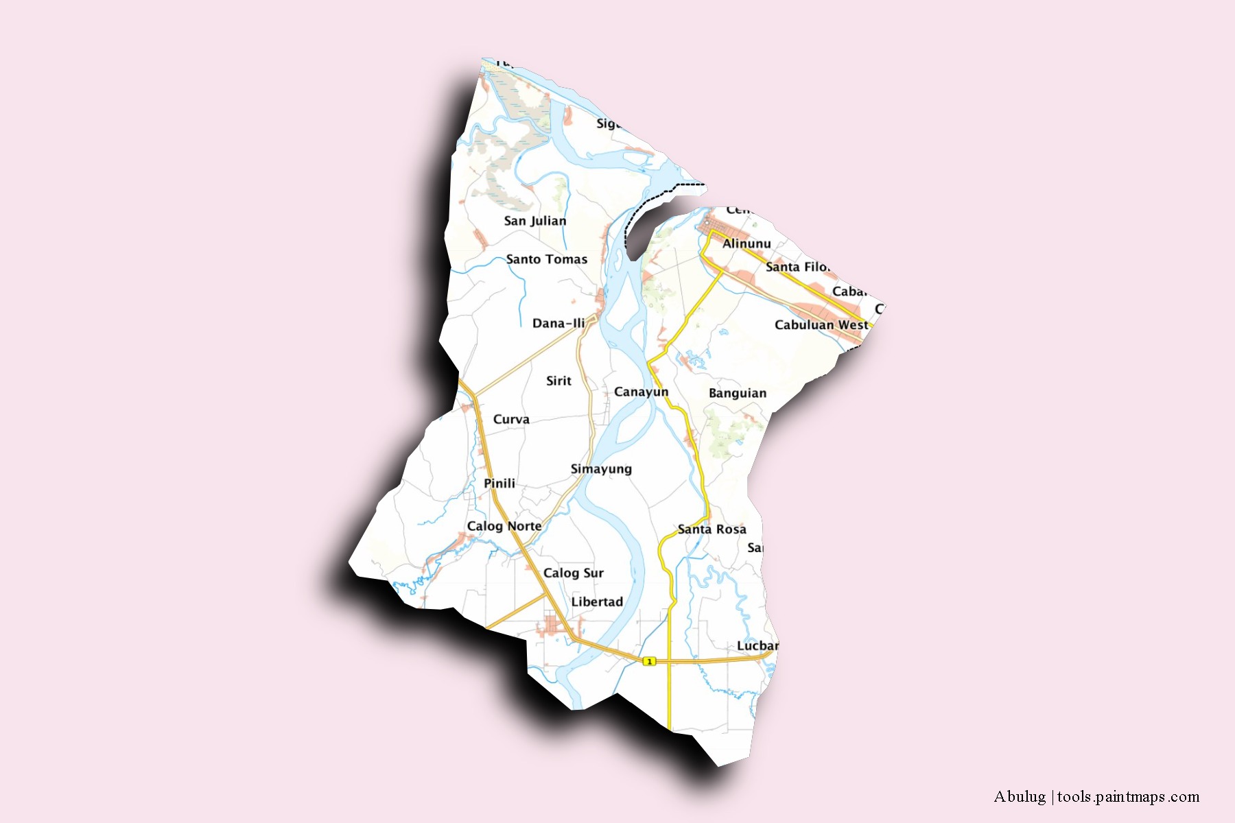 Mapa de barrios y pueblos de Abulug con efecto de sombra 3D