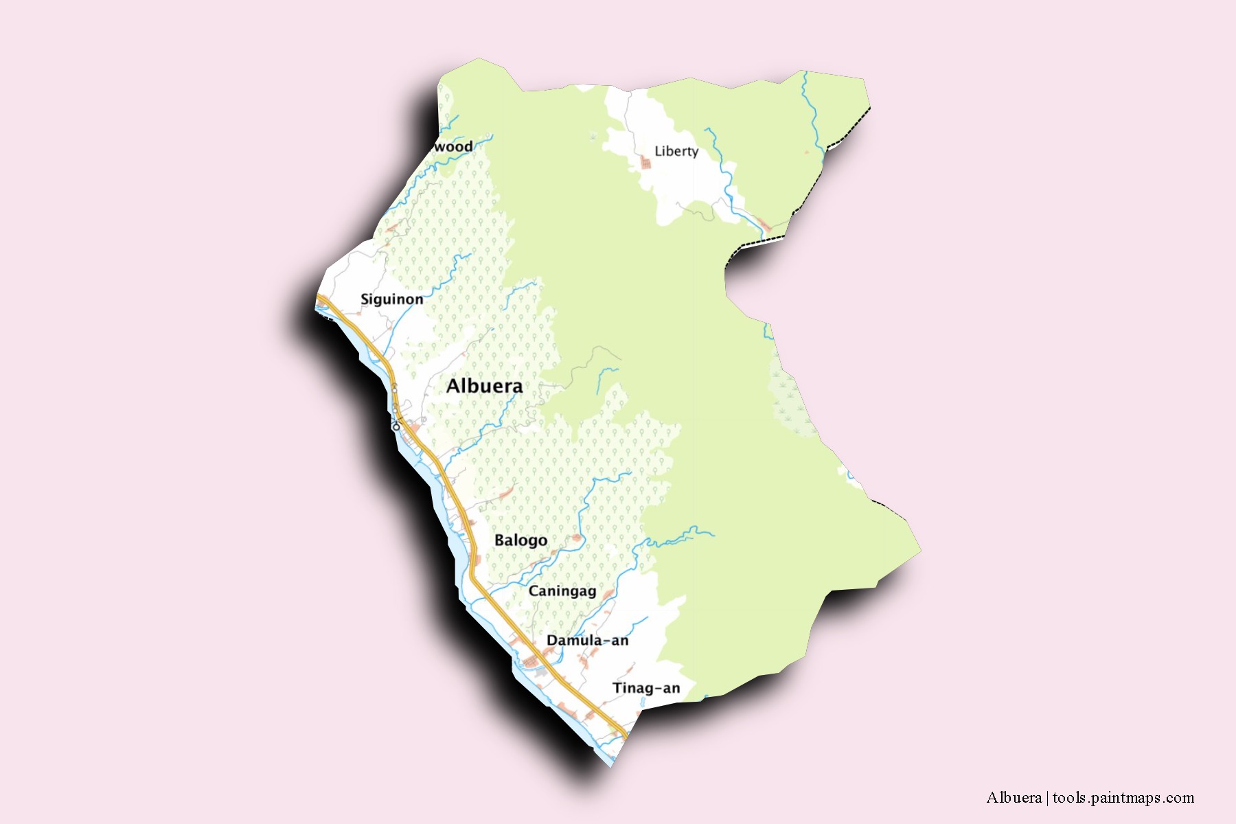 Mapa de barrios y pueblos de Albuera con efecto de sombra 3D