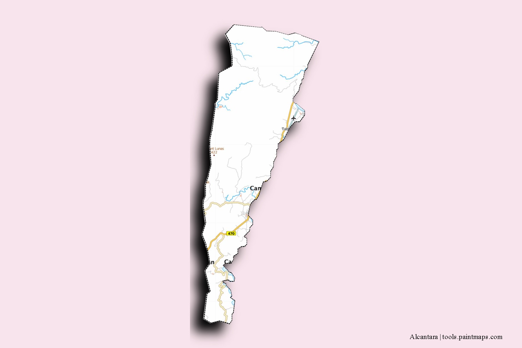 Mapa de barrios y pueblos de Alcantara con efecto de sombra 3D