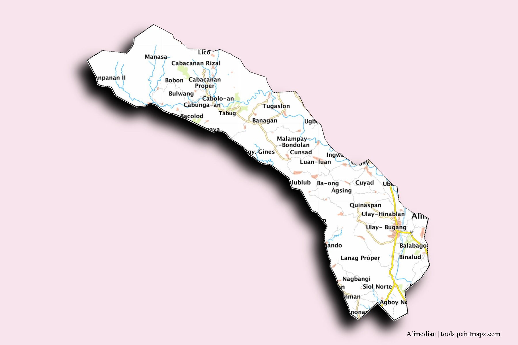 Mapa de barrios y pueblos de Alimodian con efecto de sombra 3D