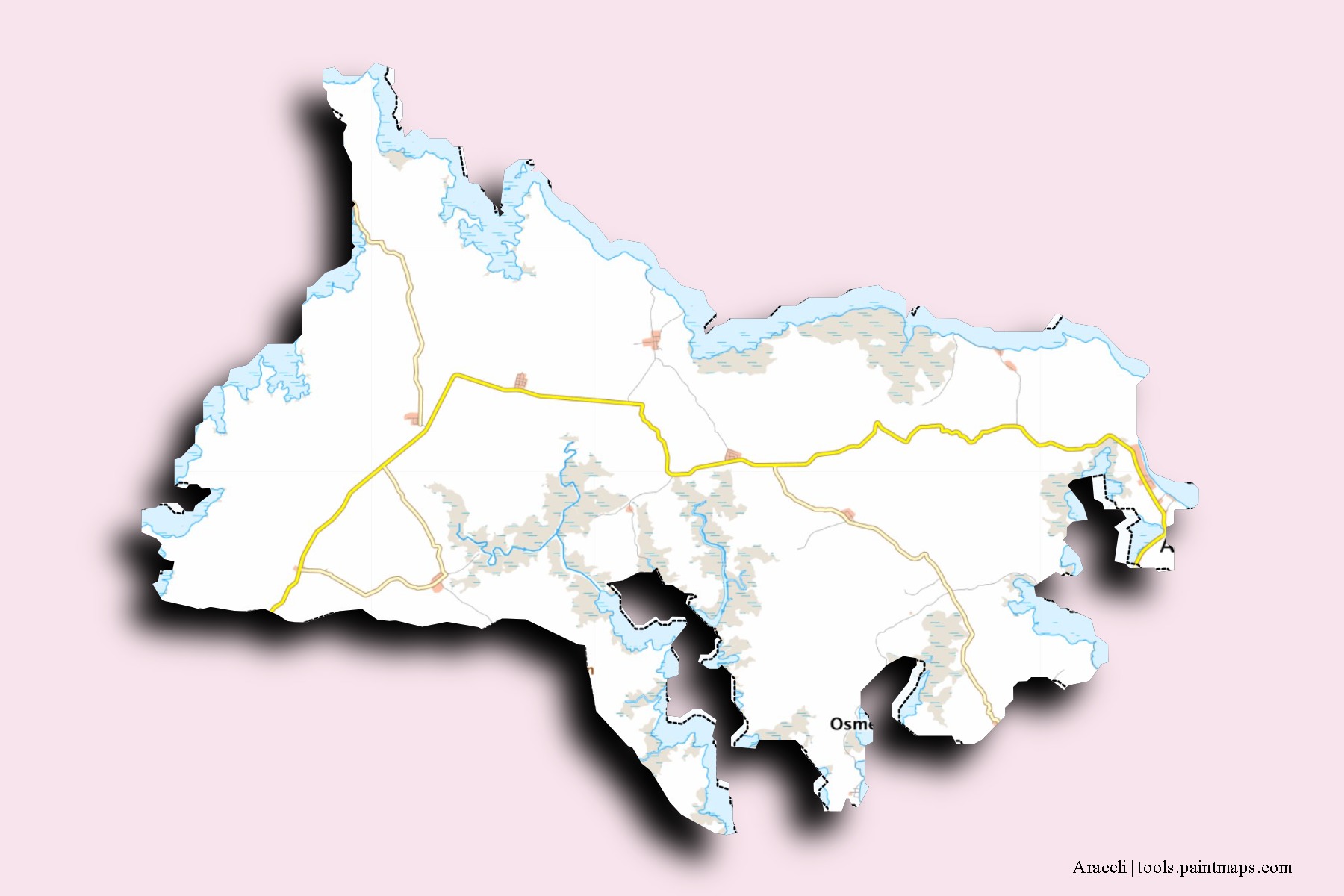 Mapa de barrios y pueblos de Araceli con efecto de sombra 3D