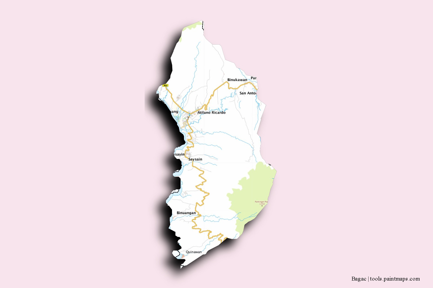 Mapa de barrios y pueblos de Bagac con efecto de sombra 3D