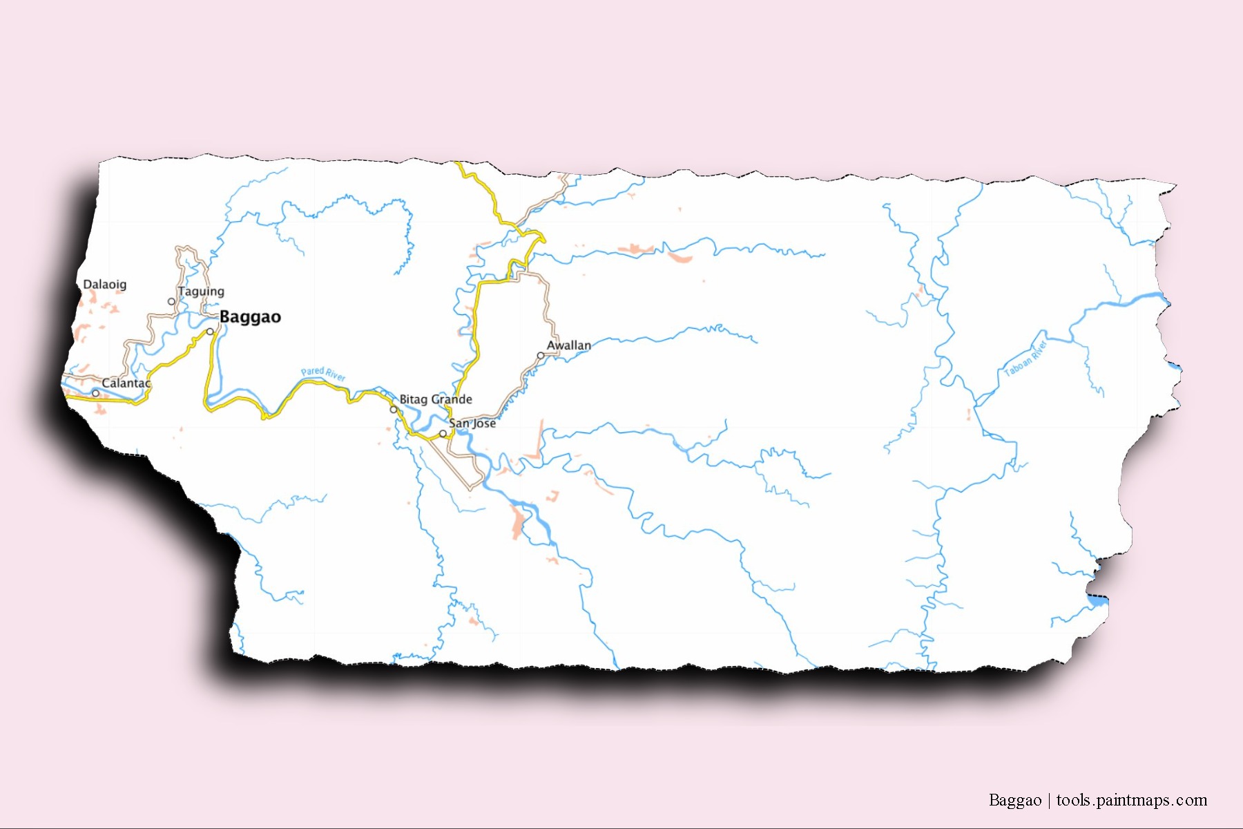 Mapa de barrios y pueblos de Baggao con efecto de sombra 3D