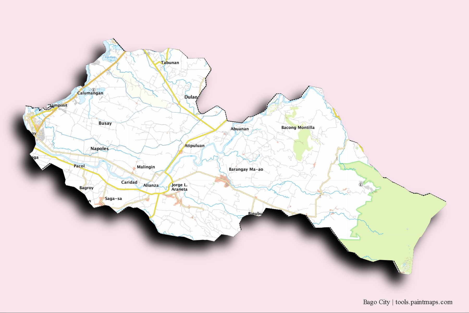 Bago City neighborhoods and villages map with 3D shadow effect