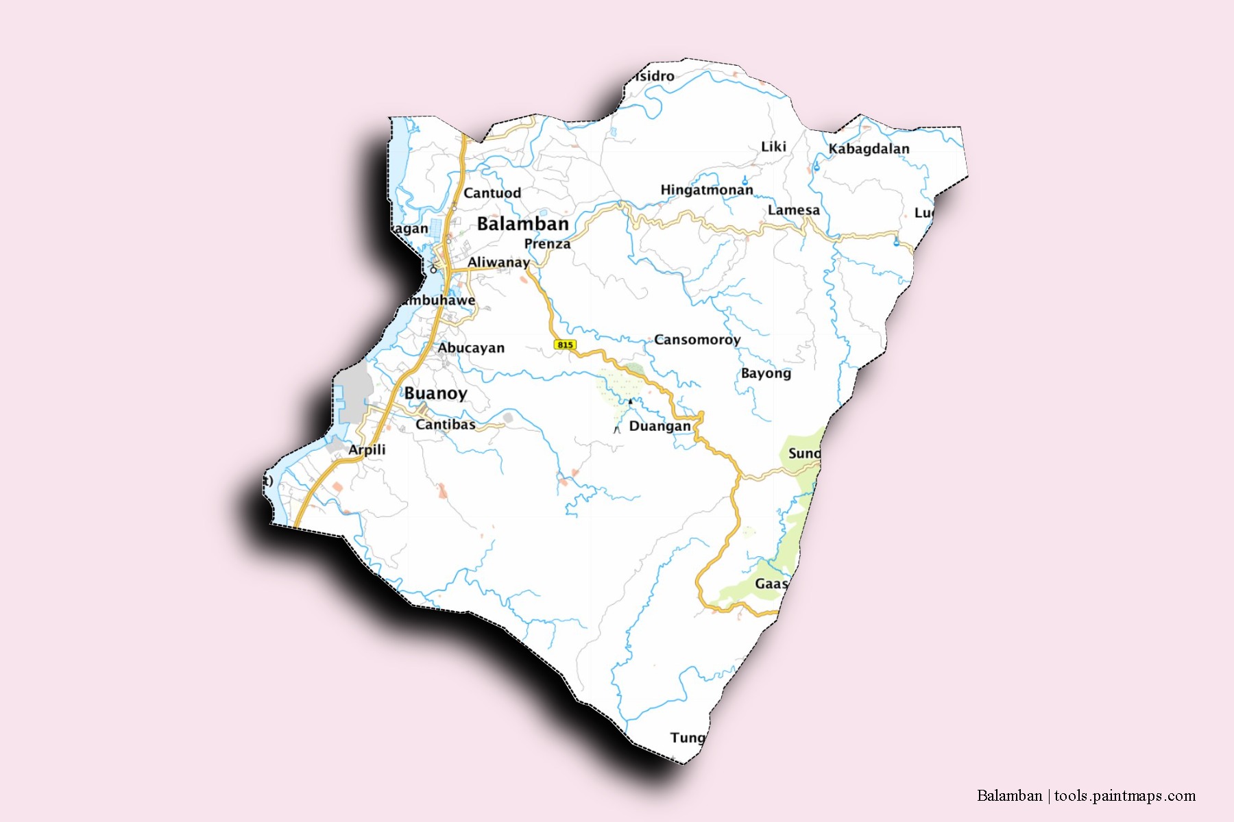 Mapa de barrios y pueblos de Balamban con efecto de sombra 3D