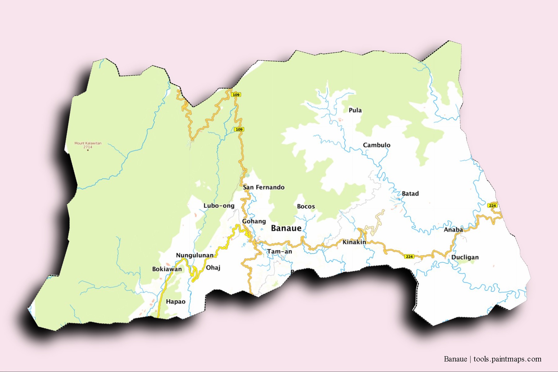 Mapa de barrios y pueblos de Banaue con efecto de sombra 3D