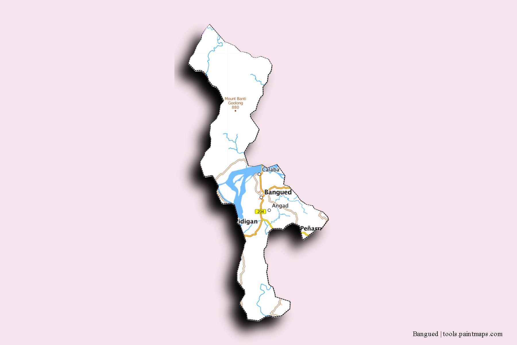 Mapa de barrios y pueblos de Bangued con efecto de sombra 3D