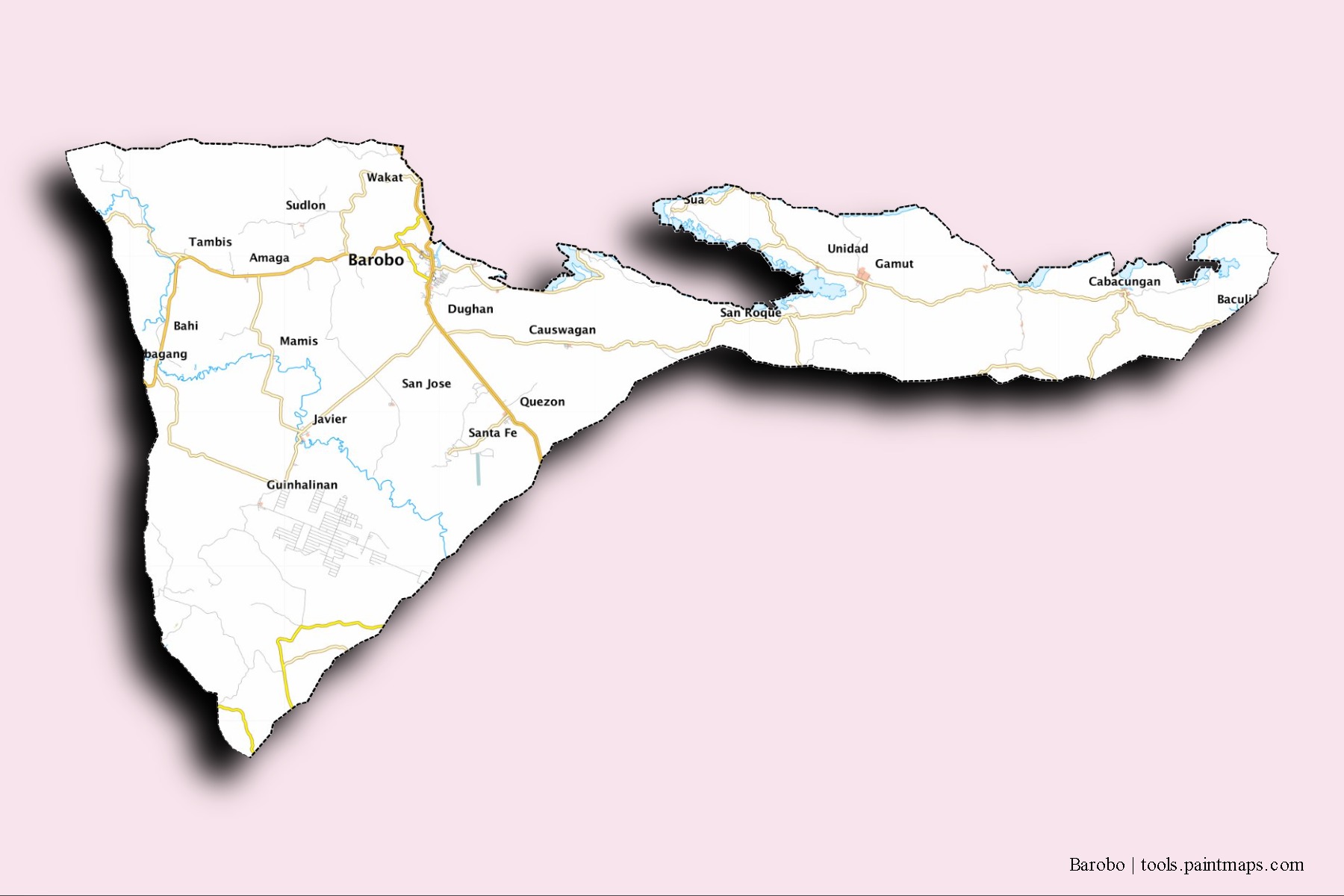Mapa de barrios y pueblos de Barobo con efecto de sombra 3D