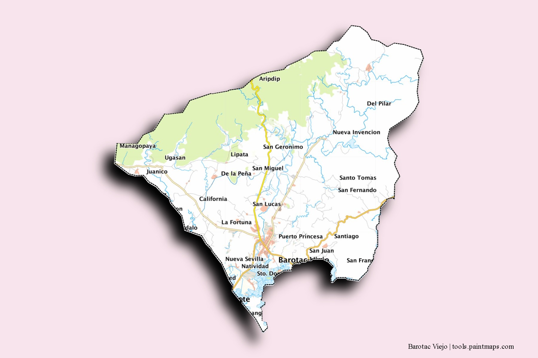 Mapa de barrios y pueblos de Barotac Viejo con efecto de sombra 3D