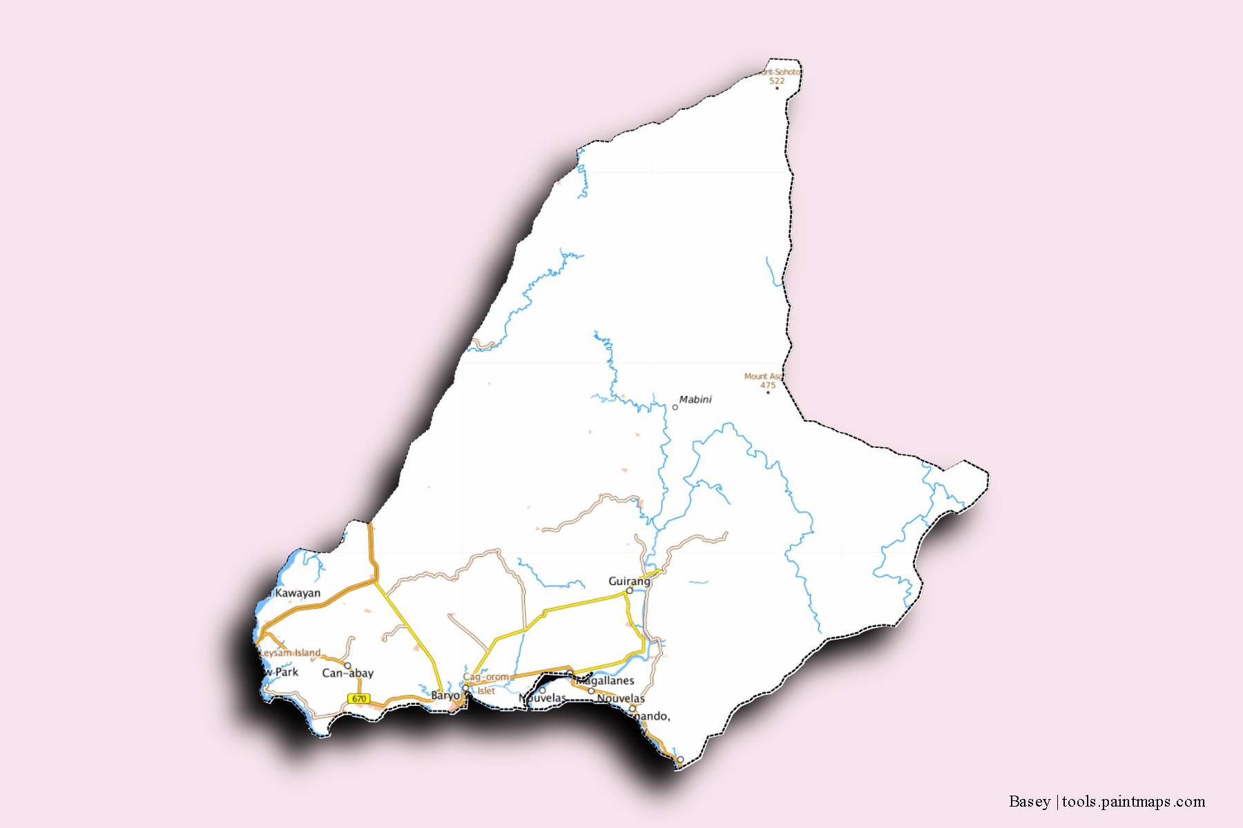 Mapa de barrios y pueblos de Basey con efecto de sombra 3D