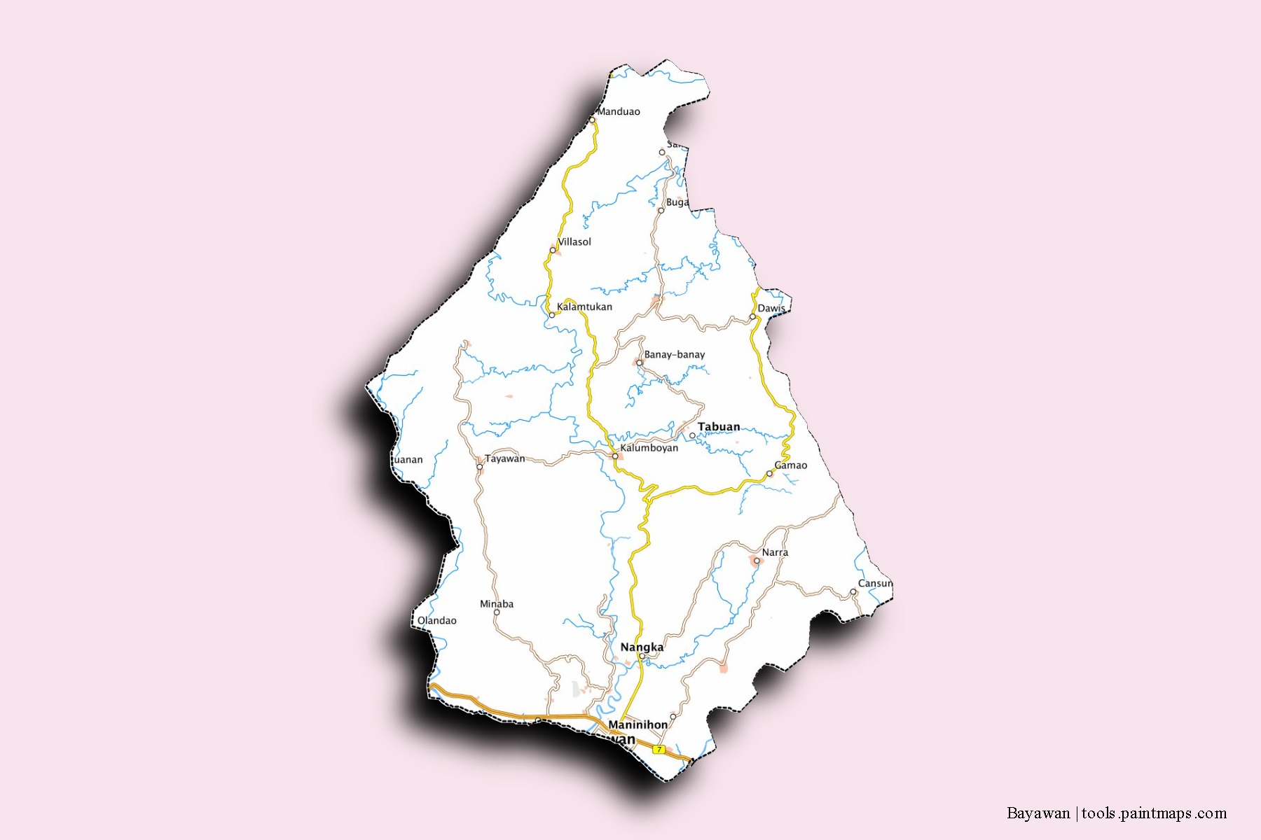 Mapa de barrios y pueblos de Bayawan con efecto de sombra 3D