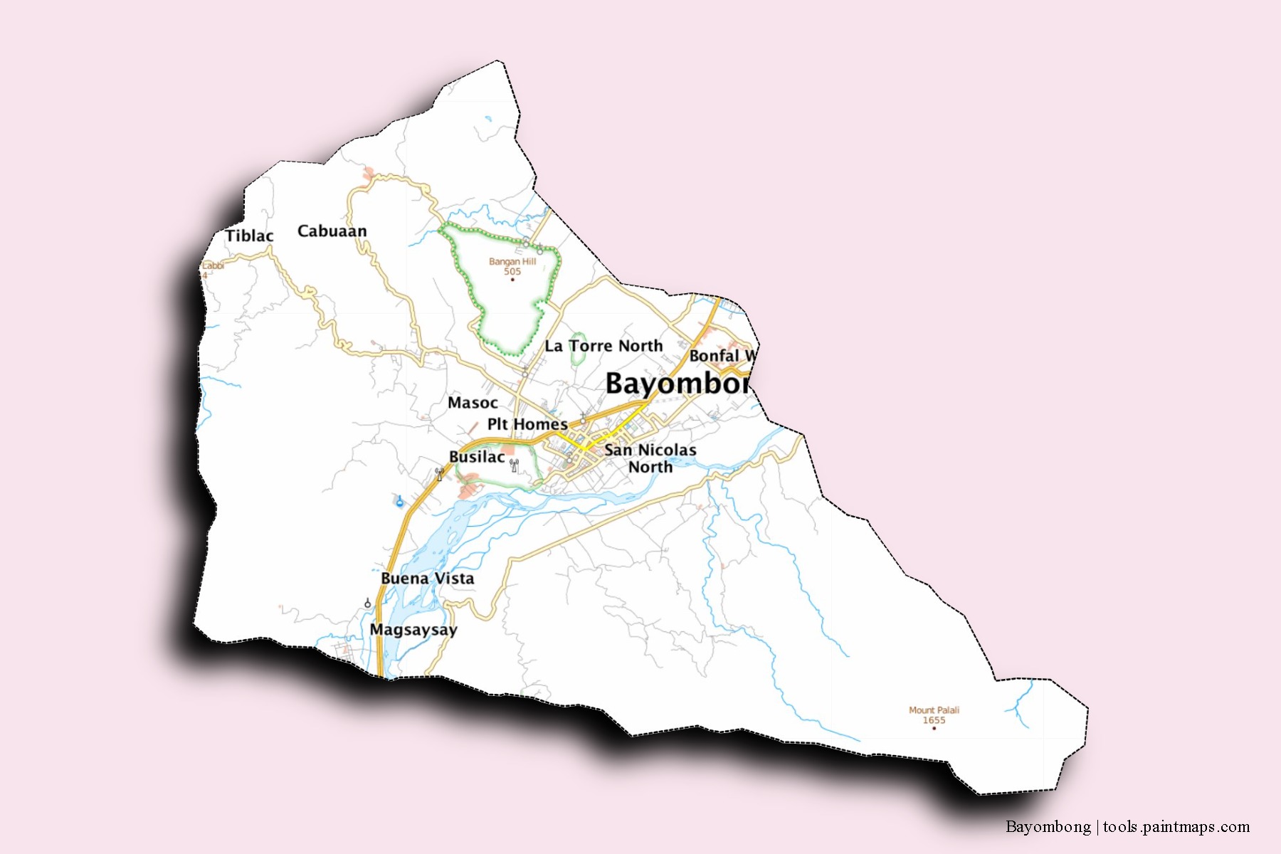 Bayombong neighborhoods and villages map with 3D shadow effect