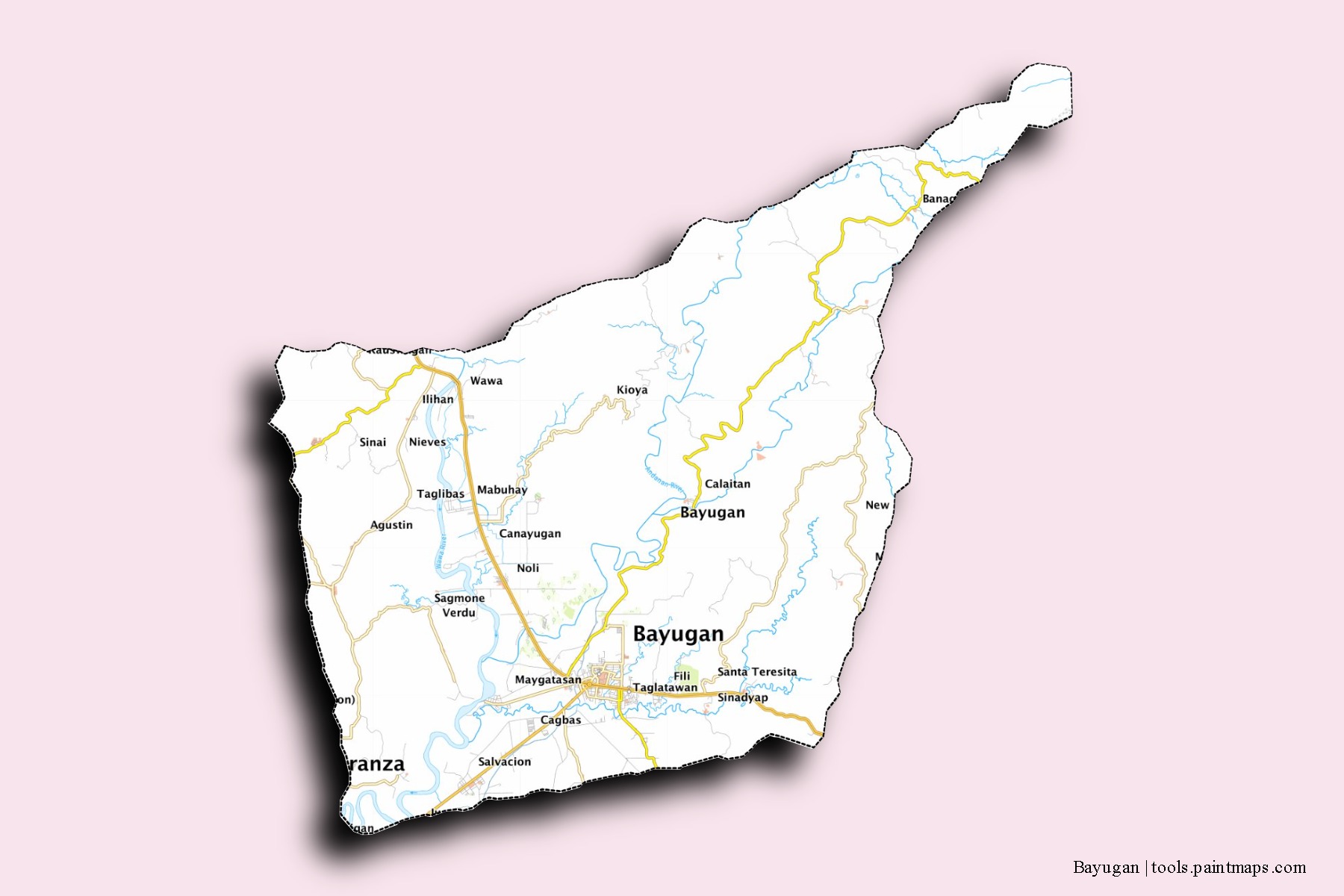 Mapa de barrios y pueblos de Bayugan con efecto de sombra 3D