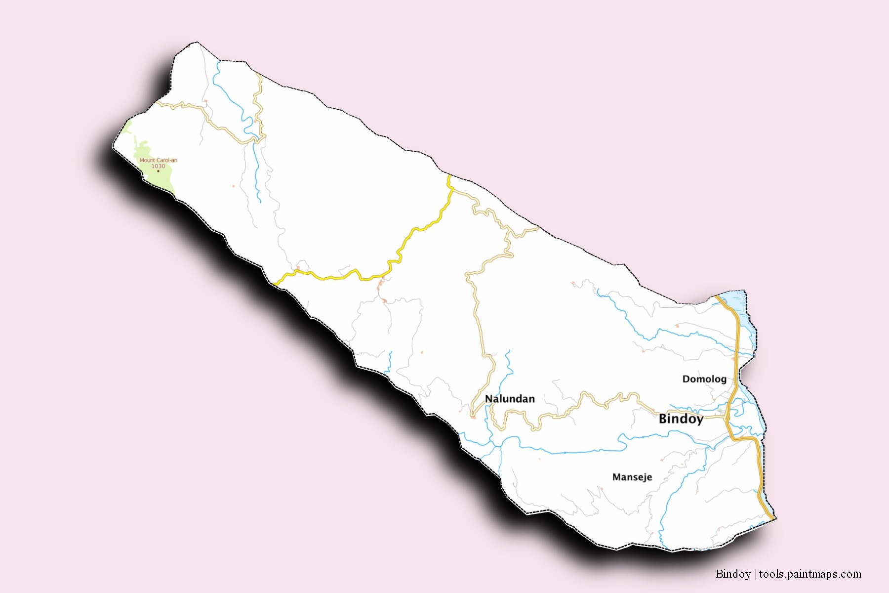 Mapa de barrios y pueblos de Bindoy con efecto de sombra 3D