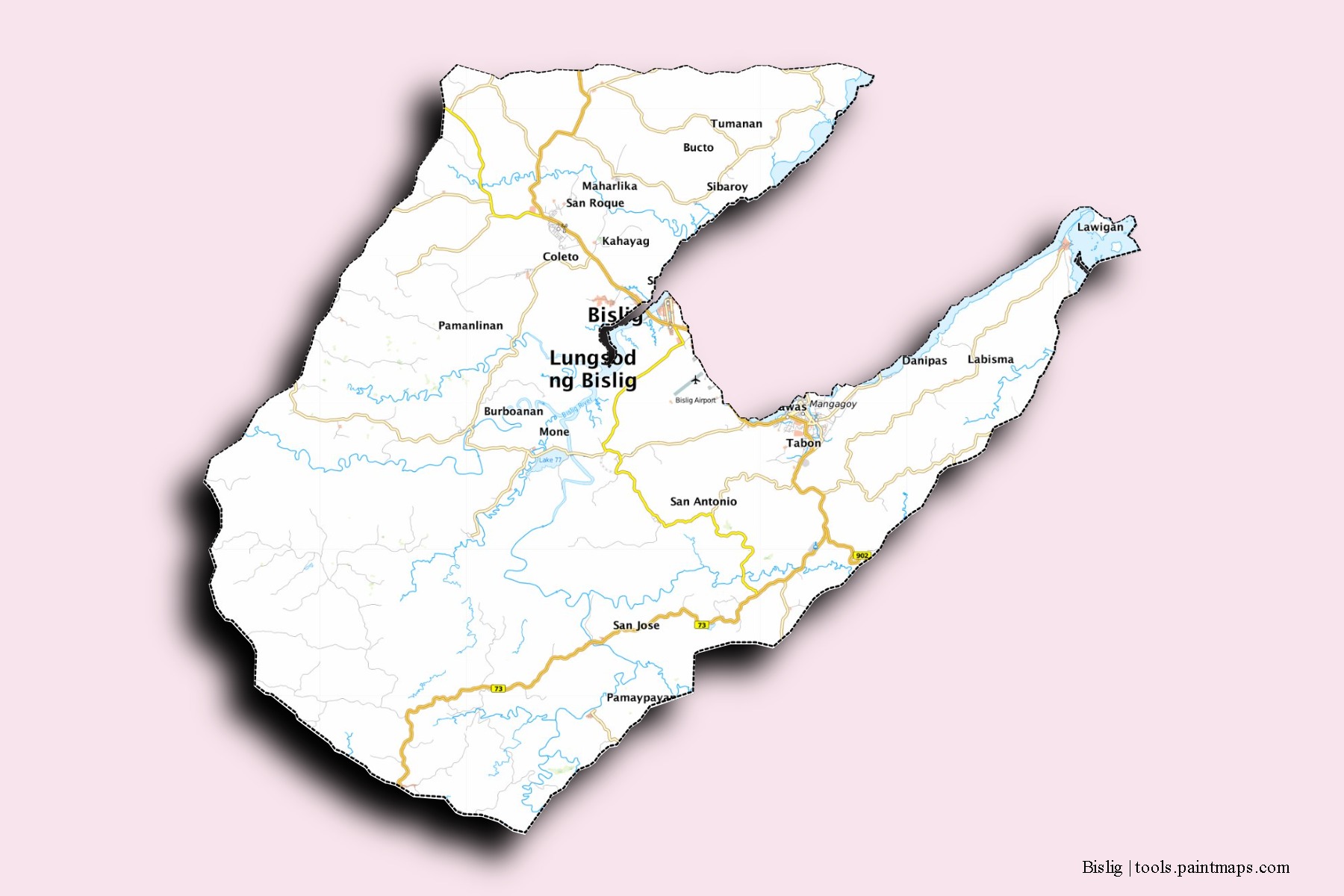 Mapa de barrios y pueblos de Bislig con efecto de sombra 3D