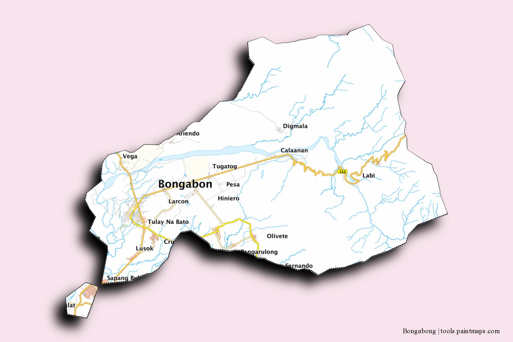 Mapa de barrios y pueblos de Bongabong con efecto de sombra 3D