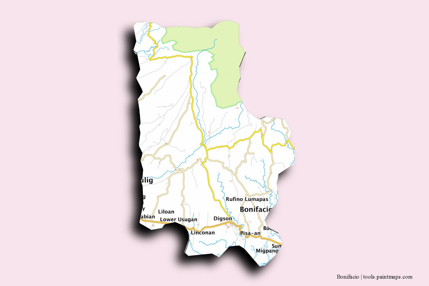 Mapa de barrios y pueblos de Bonifacio con efecto de sombra 3D