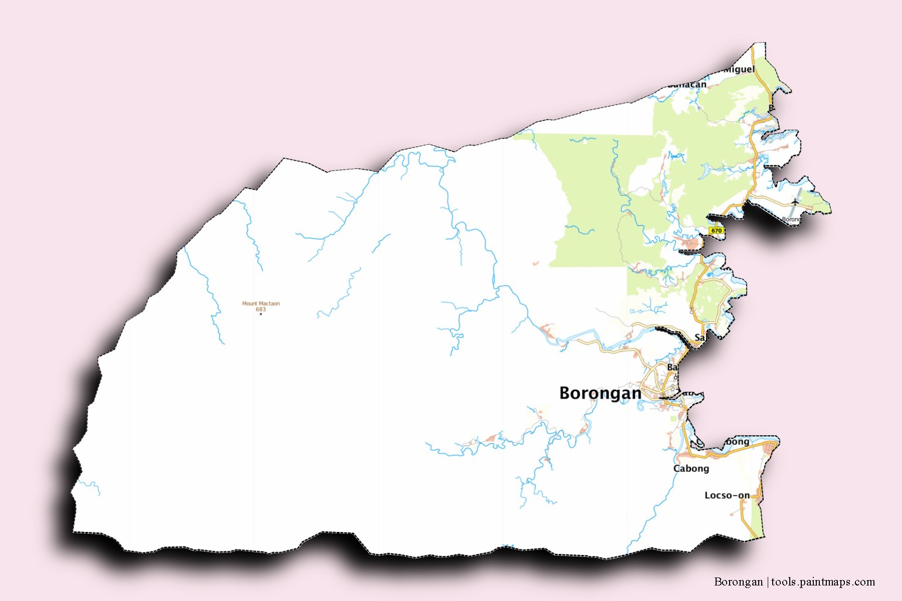 Borongan neighborhoods and villages map with 3D shadow effect