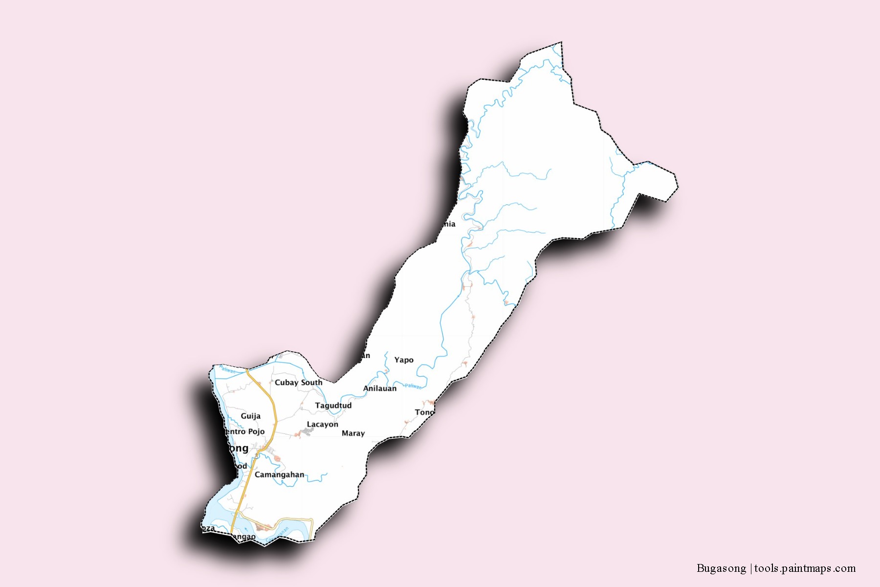 Mapa de barrios y pueblos de Bugasong con efecto de sombra 3D