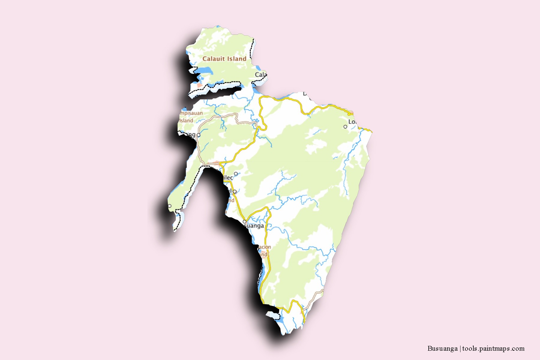 Busuanga neighborhoods and villages map with 3D shadow effect