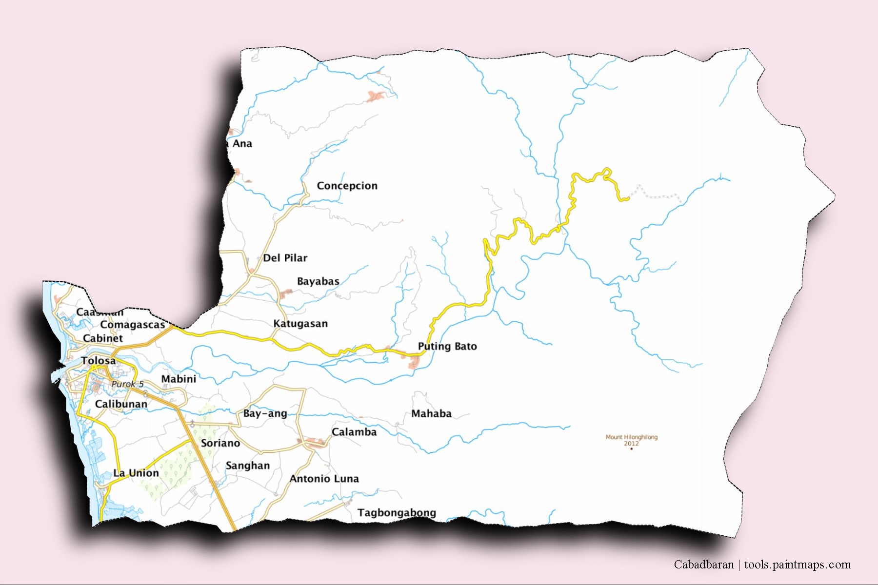 Mapa de barrios y pueblos de Cabadbaran con efecto de sombra 3D