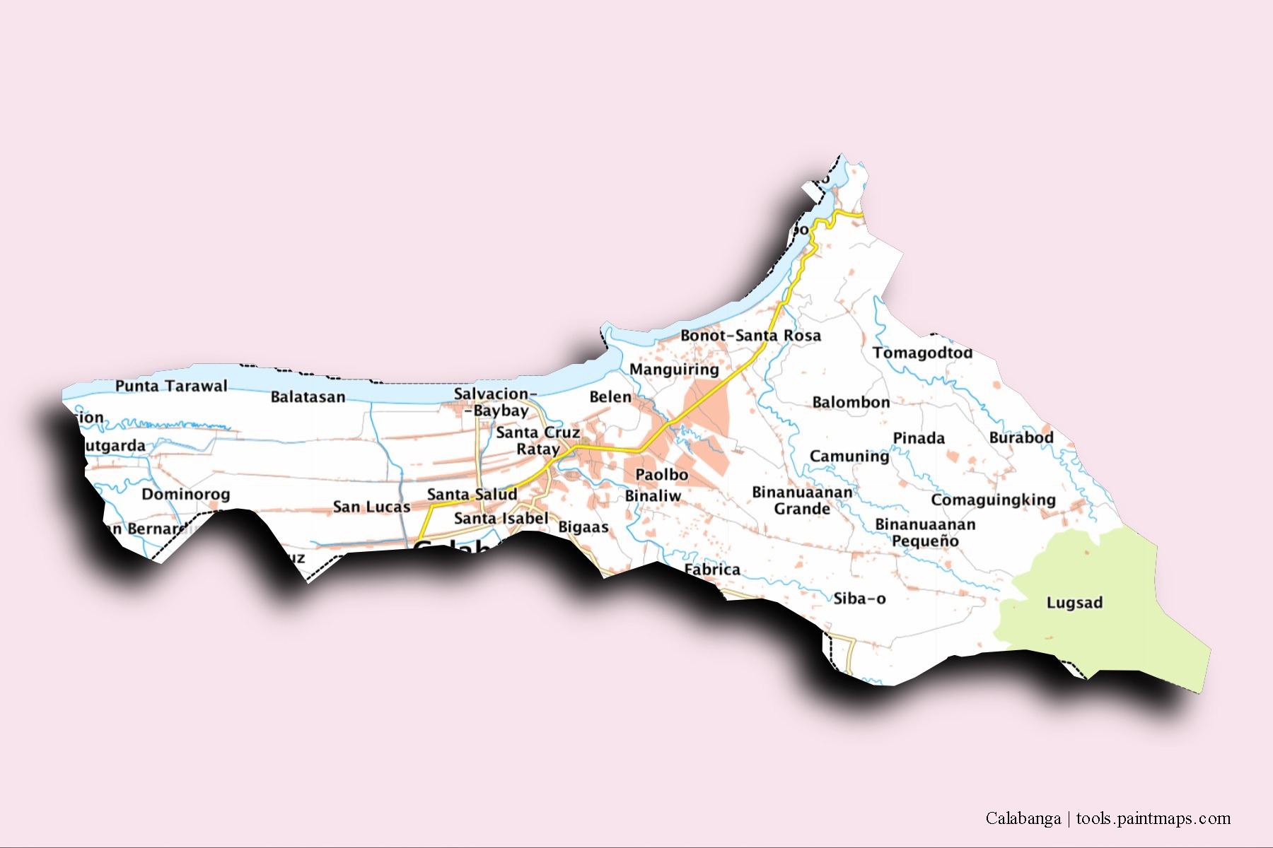 Mapa de barrios y pueblos de Calabanga con efecto de sombra 3D