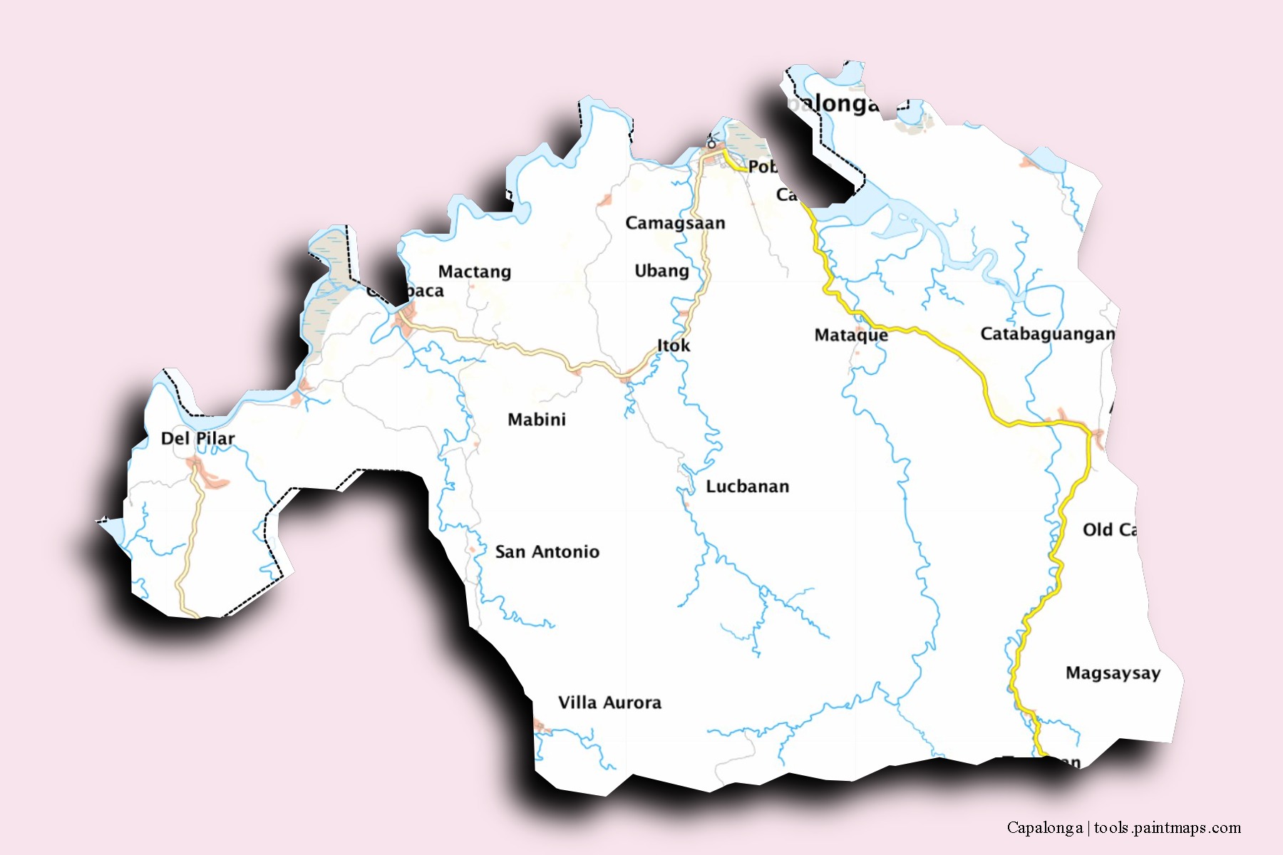 Mapa de barrios y pueblos de Capalonga con efecto de sombra 3D