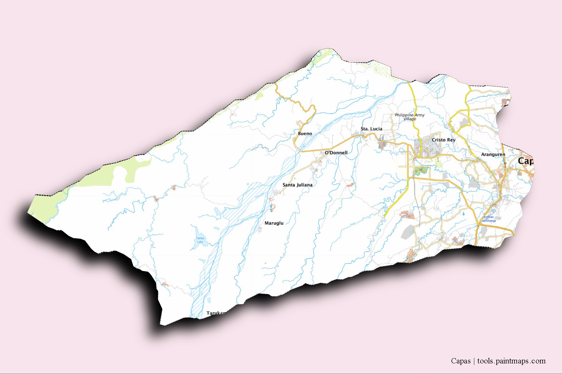 Mapa de barrios y pueblos de Capas con efecto de sombra 3D