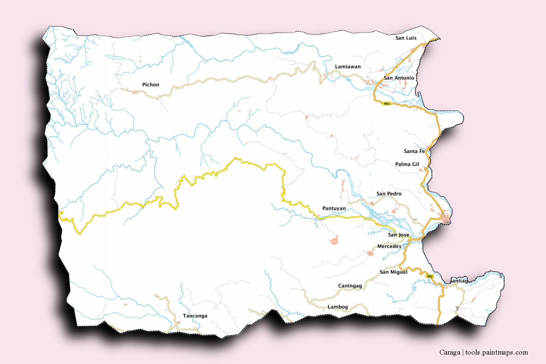 Mapa de barrios y pueblos de Caraga con efecto de sombra 3D