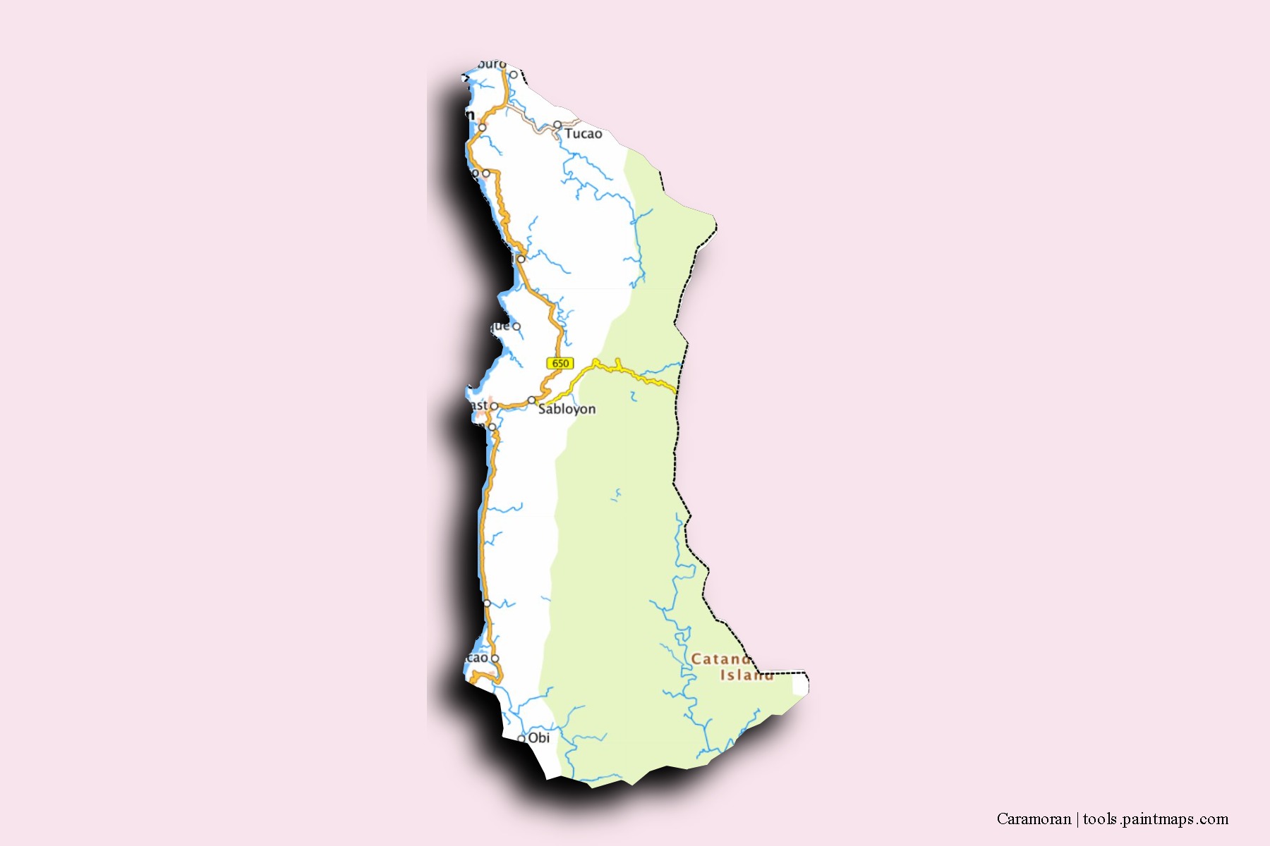 Mapa de barrios y pueblos de Caramoran con efecto de sombra 3D