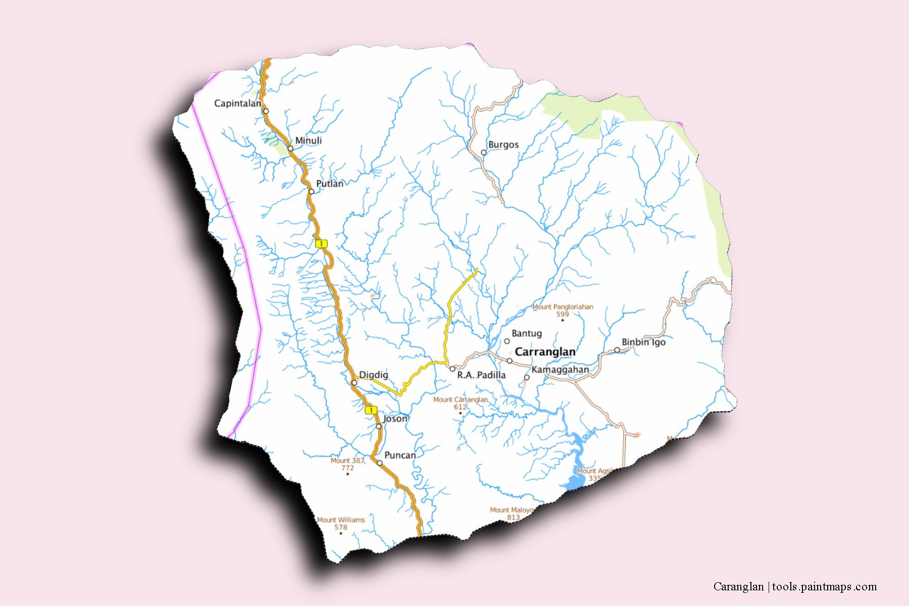 Mapa de barrios y pueblos de Caranglan con efecto de sombra 3D