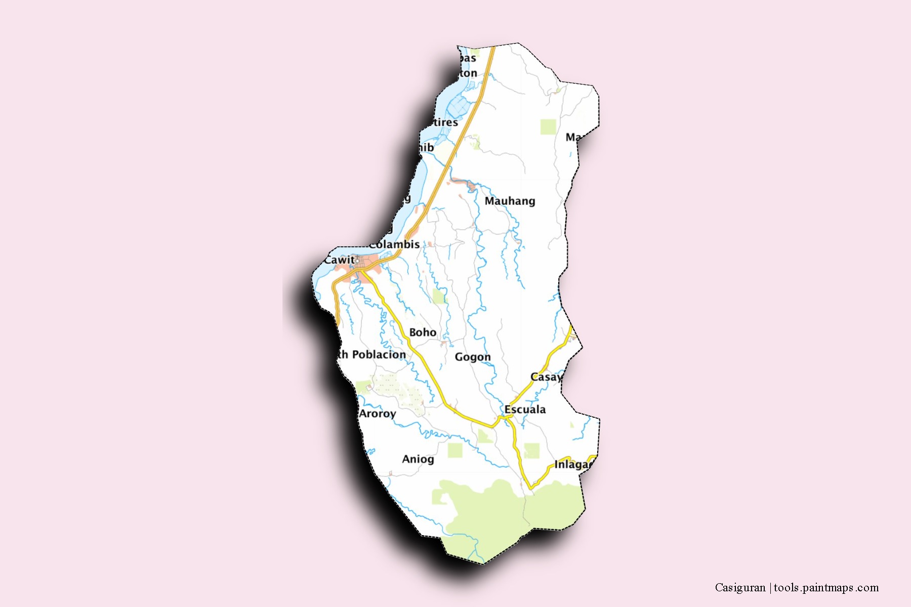 Casiguran neighborhoods and villages map with 3D shadow effect