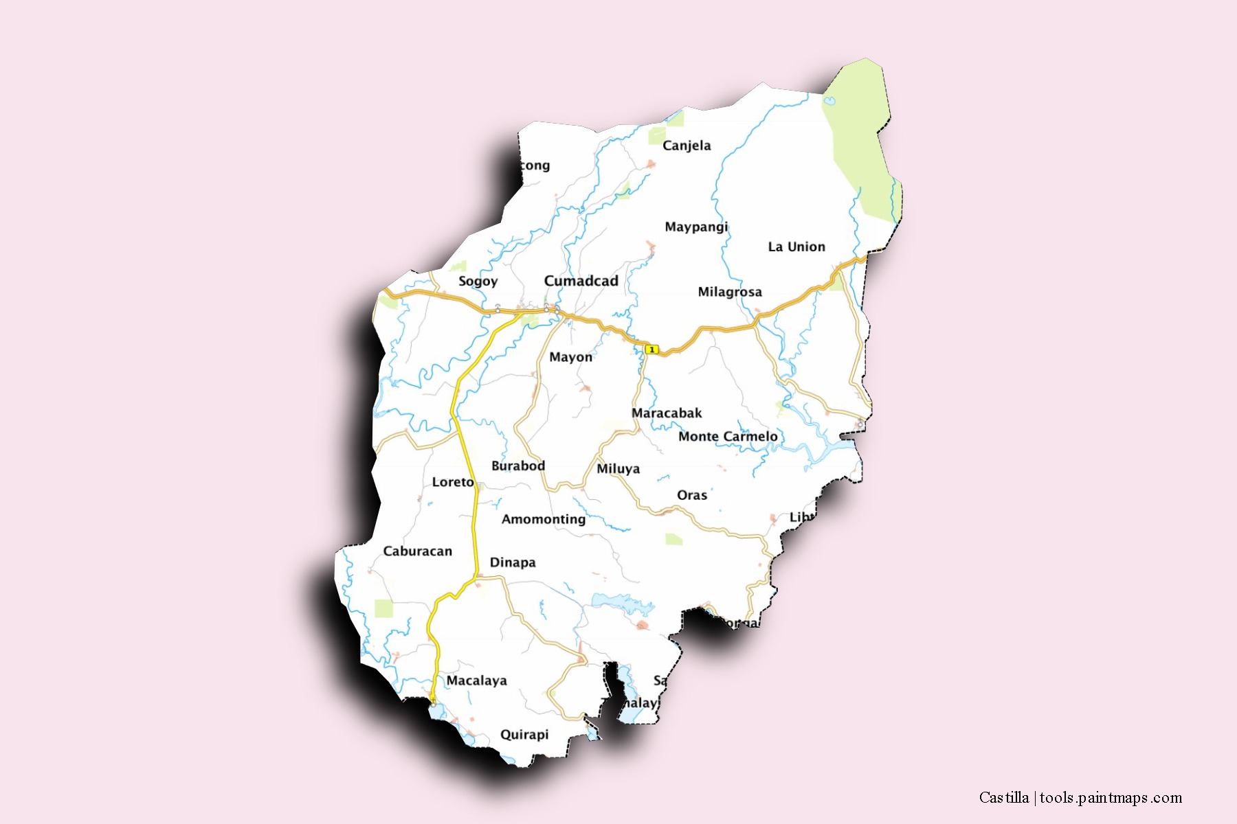 Mapa de barrios y pueblos de Castilla con efecto de sombra 3D